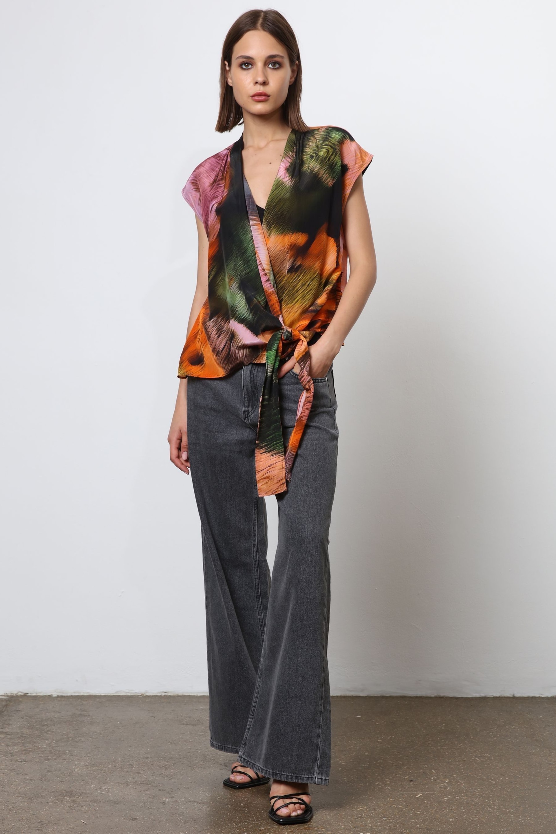 Religion Orange Cap Sleeve Top With Tie Front Detail in Bright Print - Image 3 of 7