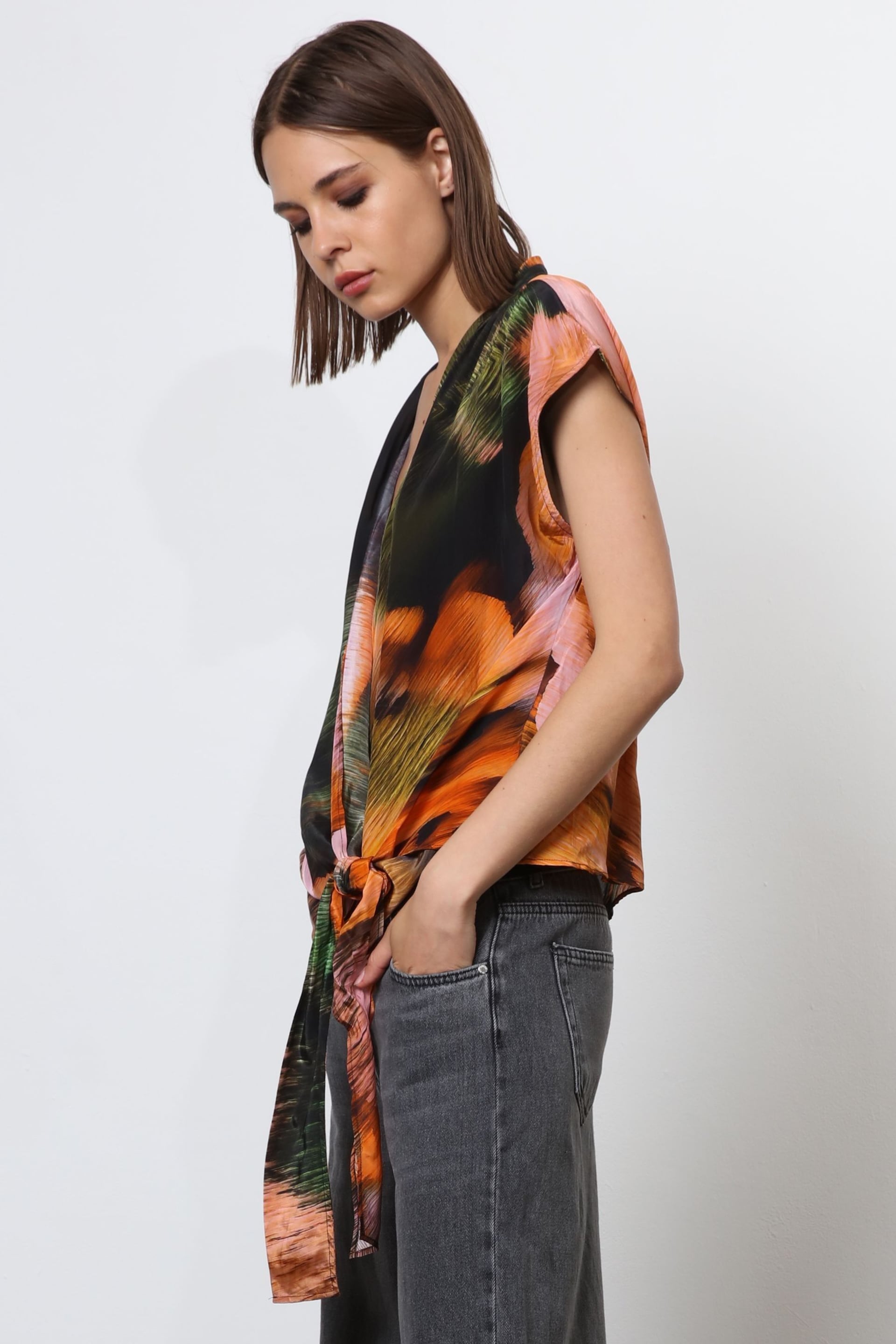 Religion Orange Cap Sleeve Top With Tie Front Detail in Bright Print - Image 5 of 7