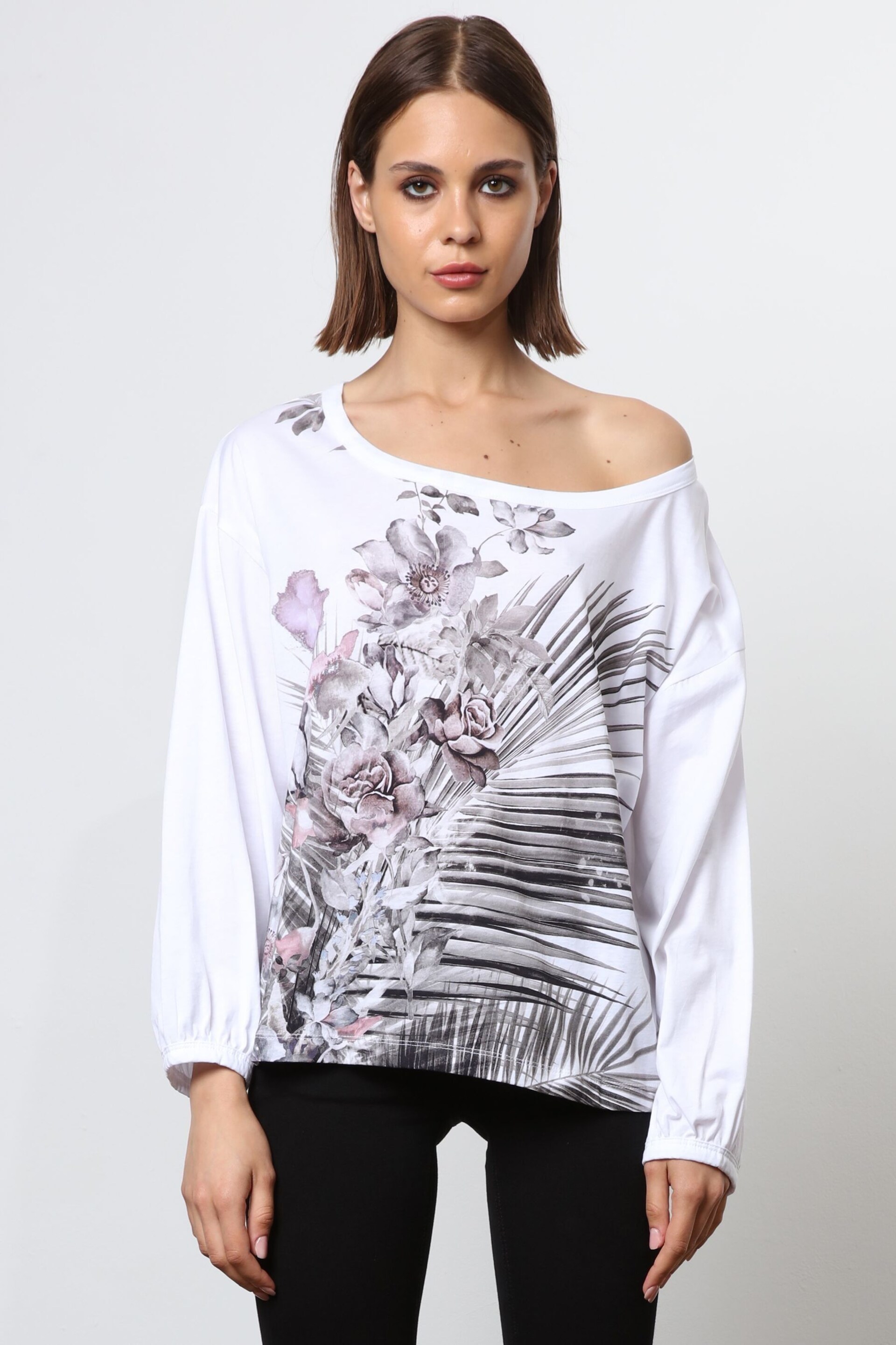 Religion White Off the Shoulder Batwing T-Shirt With Placement Print - Image 1 of 6