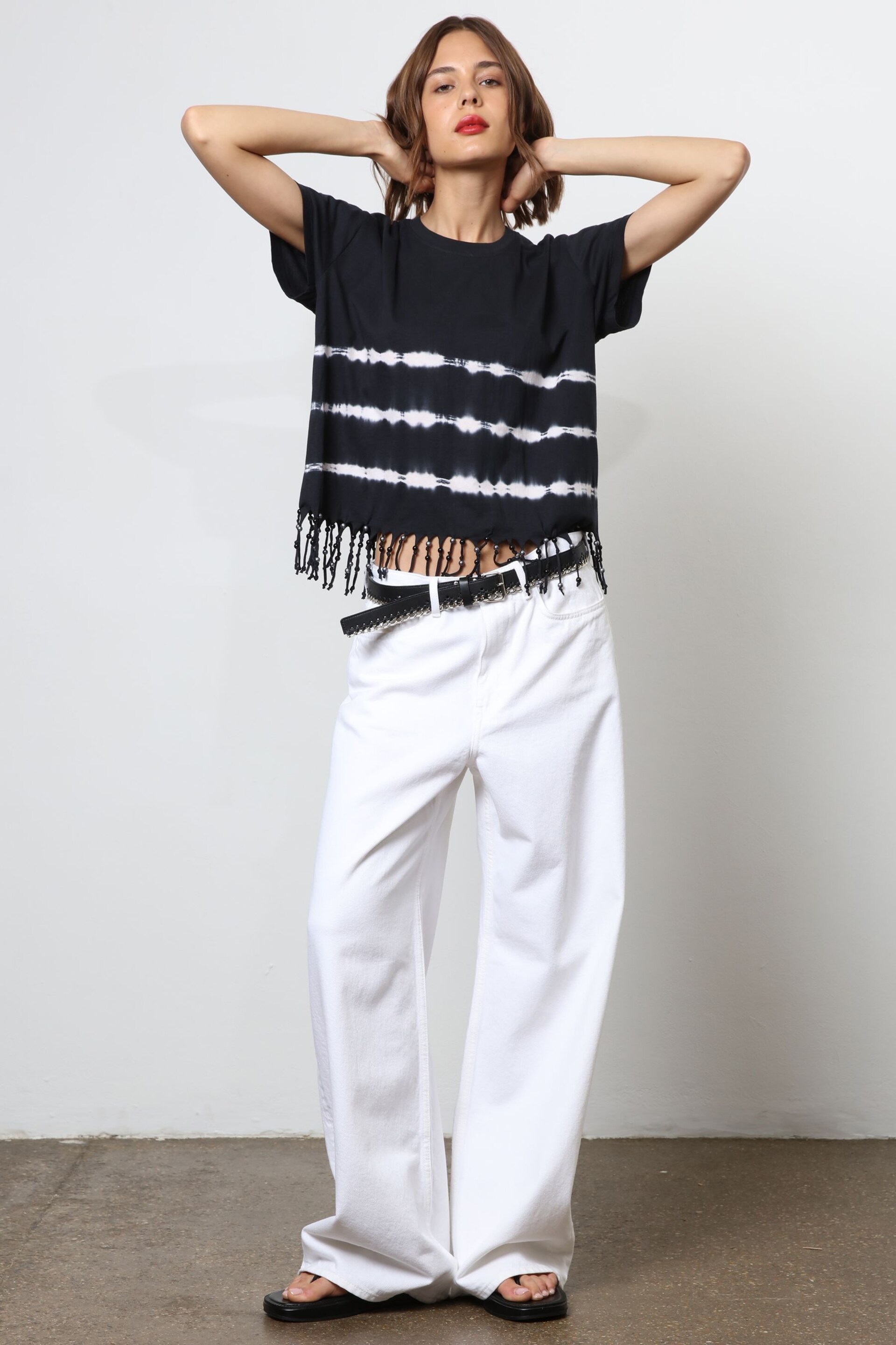 Religion Black Oversized Particle T-Shirt with Tie Dye Stripe and Tassles - Image 2 of 6