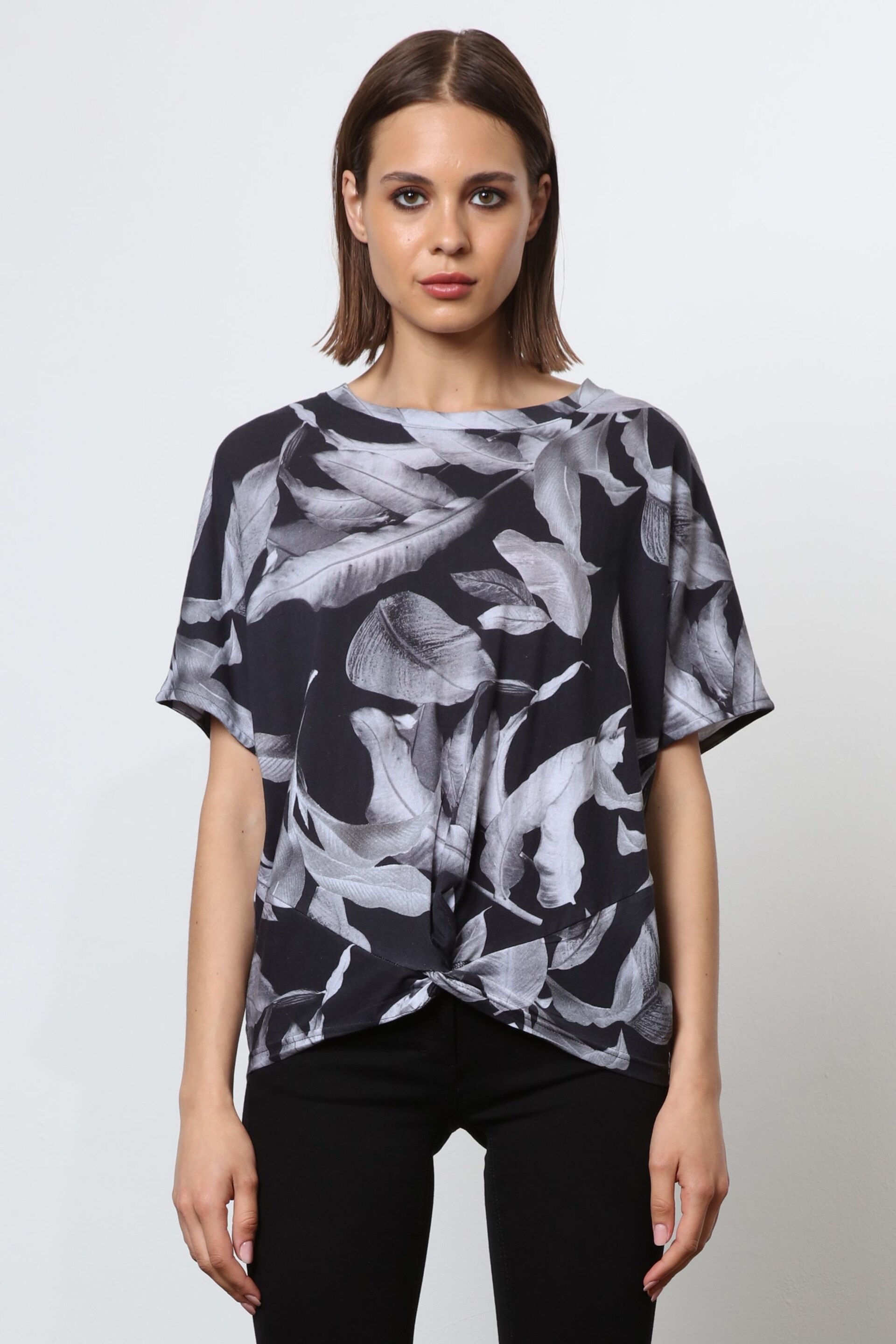 Religion Black Loose Jersey Top In Abstract Palm Print With Tie Knot - Image 2 of 6