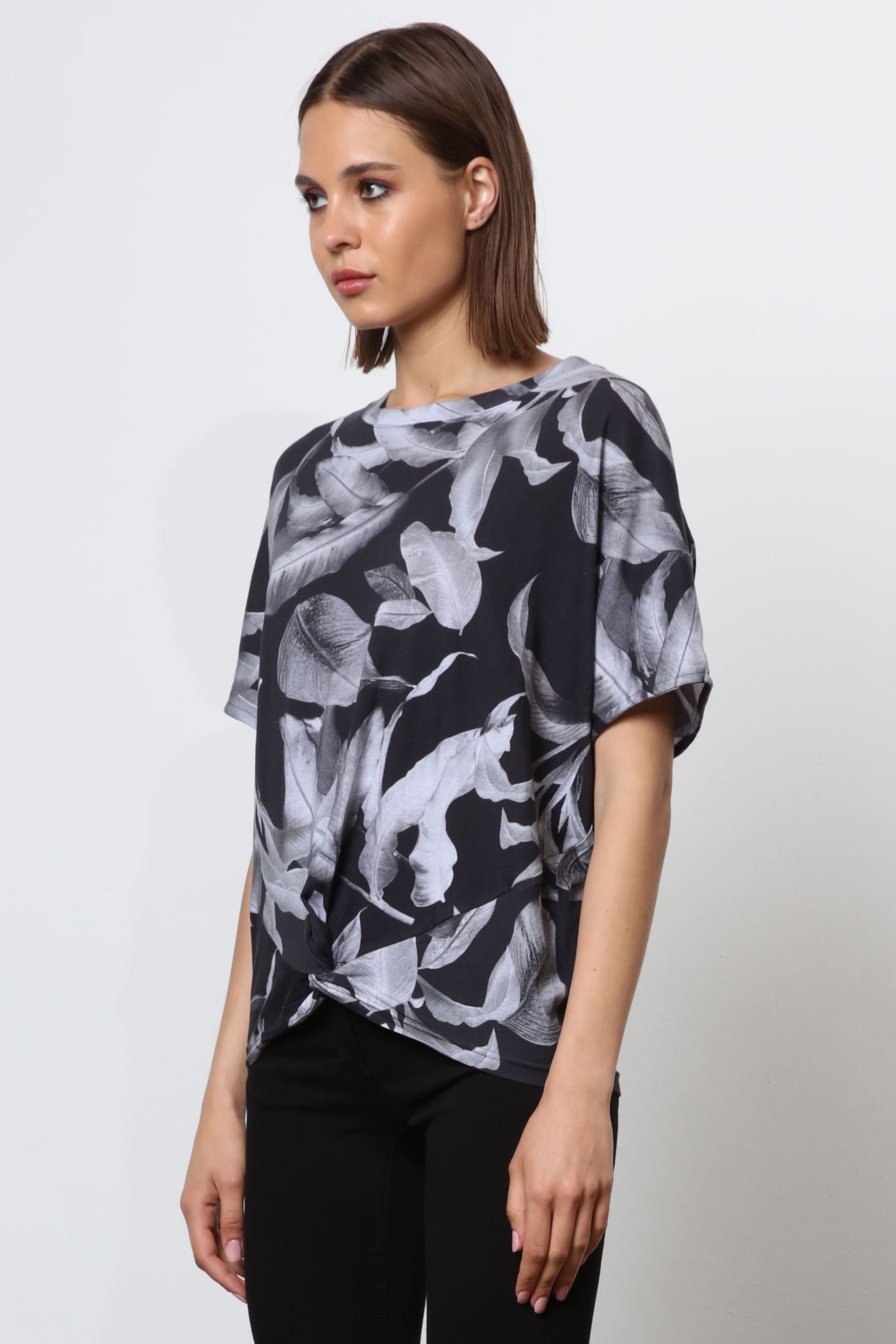 Religion Black Loose Jersey Top In Abstract Palm Print With Tie Knot - Image 3 of 6