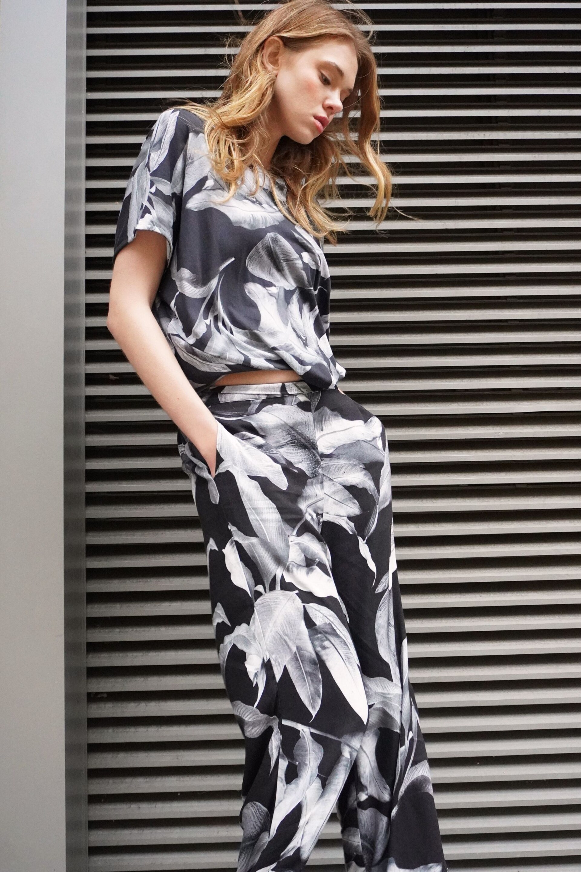 Religion Black Wide Leg Trousers in Botanic Print in Crepe - Image 7 of 7