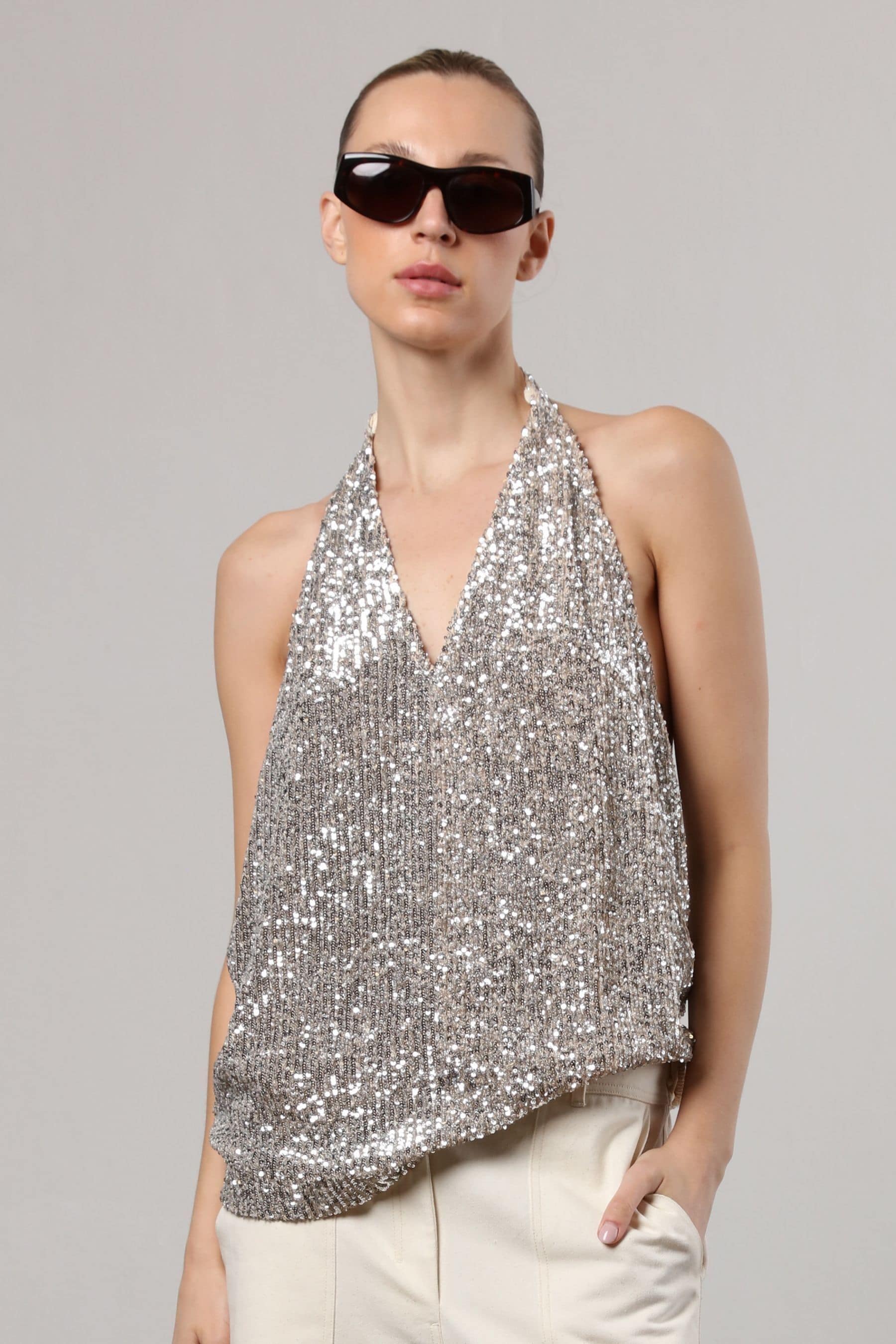 Religion Silver Metallic Sequin Backless Top With Halter Neck
