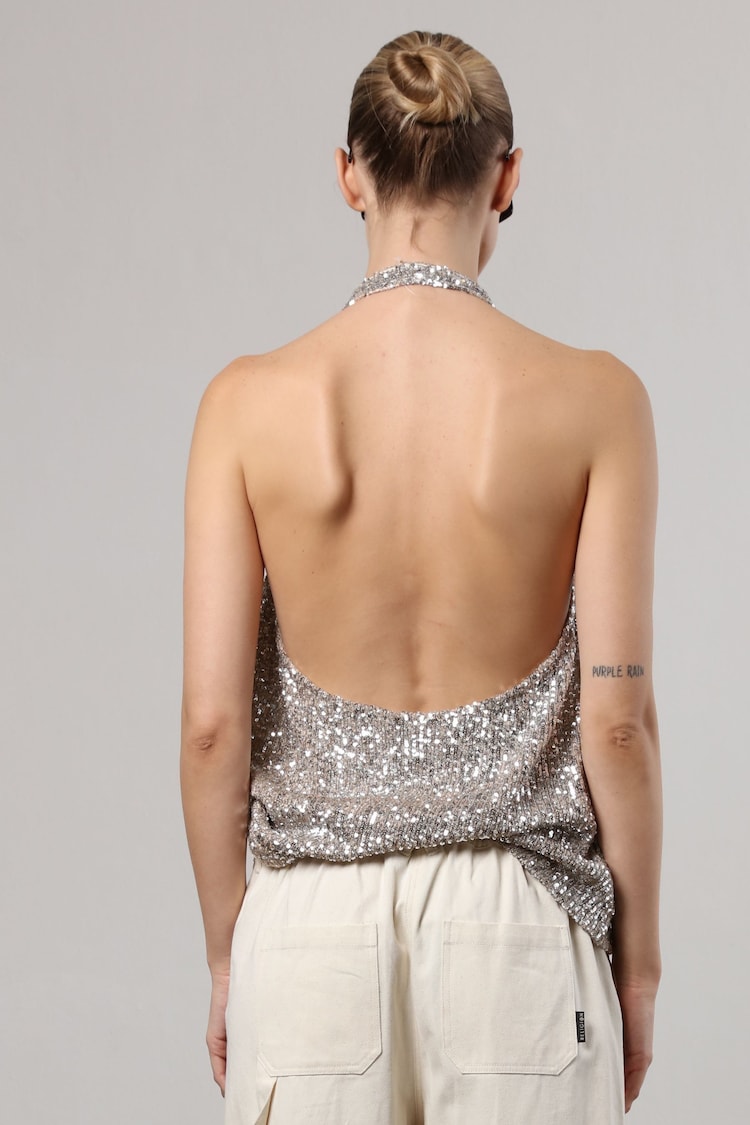 Religion Silver Metallic Sequin Backless Top With Halter Neck - Image 2 of 6