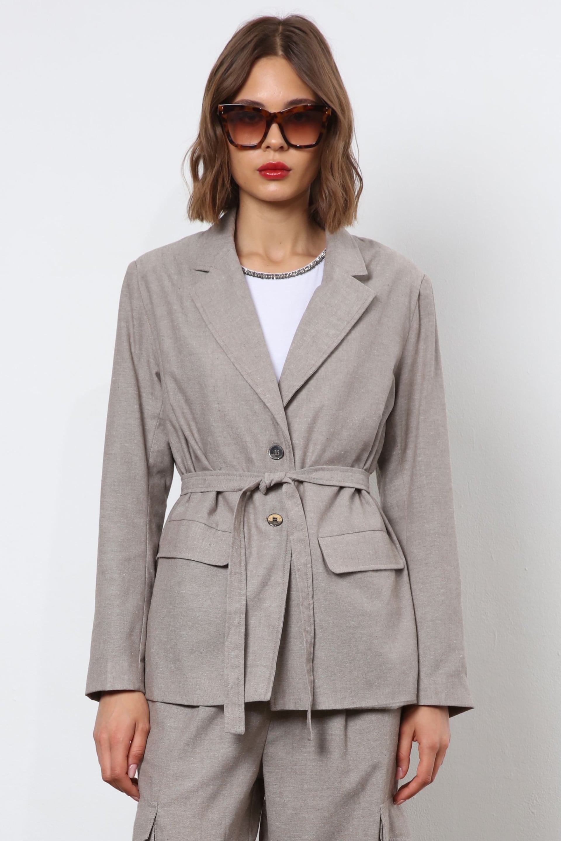 Religion Gray Belted Linen Mix Prime Blazer - Image 1 of 6