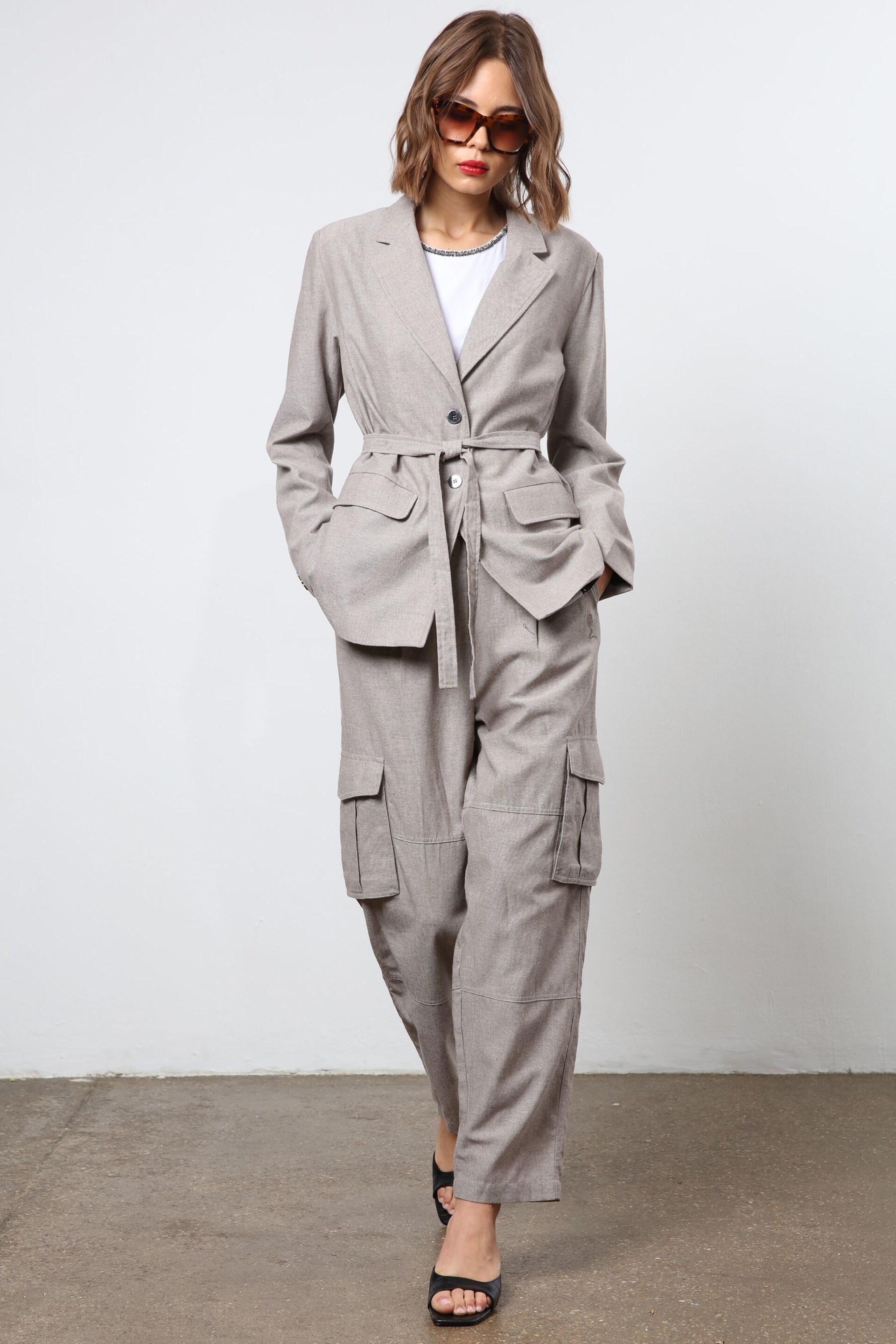 Religion Gray Belted Linen Mix Prime Blazer - Image 4 of 6