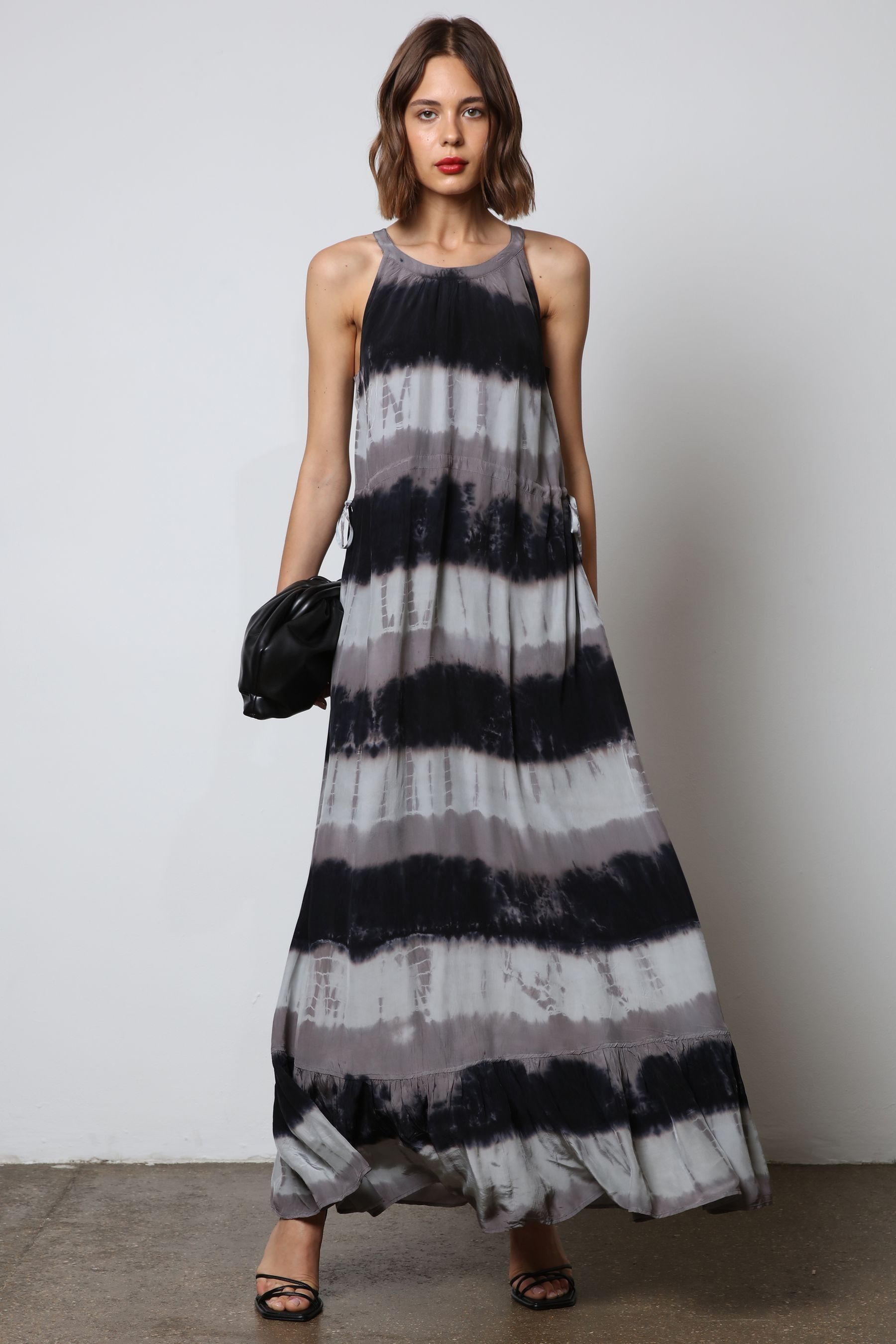 Religion Black Tie Dye Halterneck Maxi Dress With Large Floral Placement Print in Cupro 10 Womens