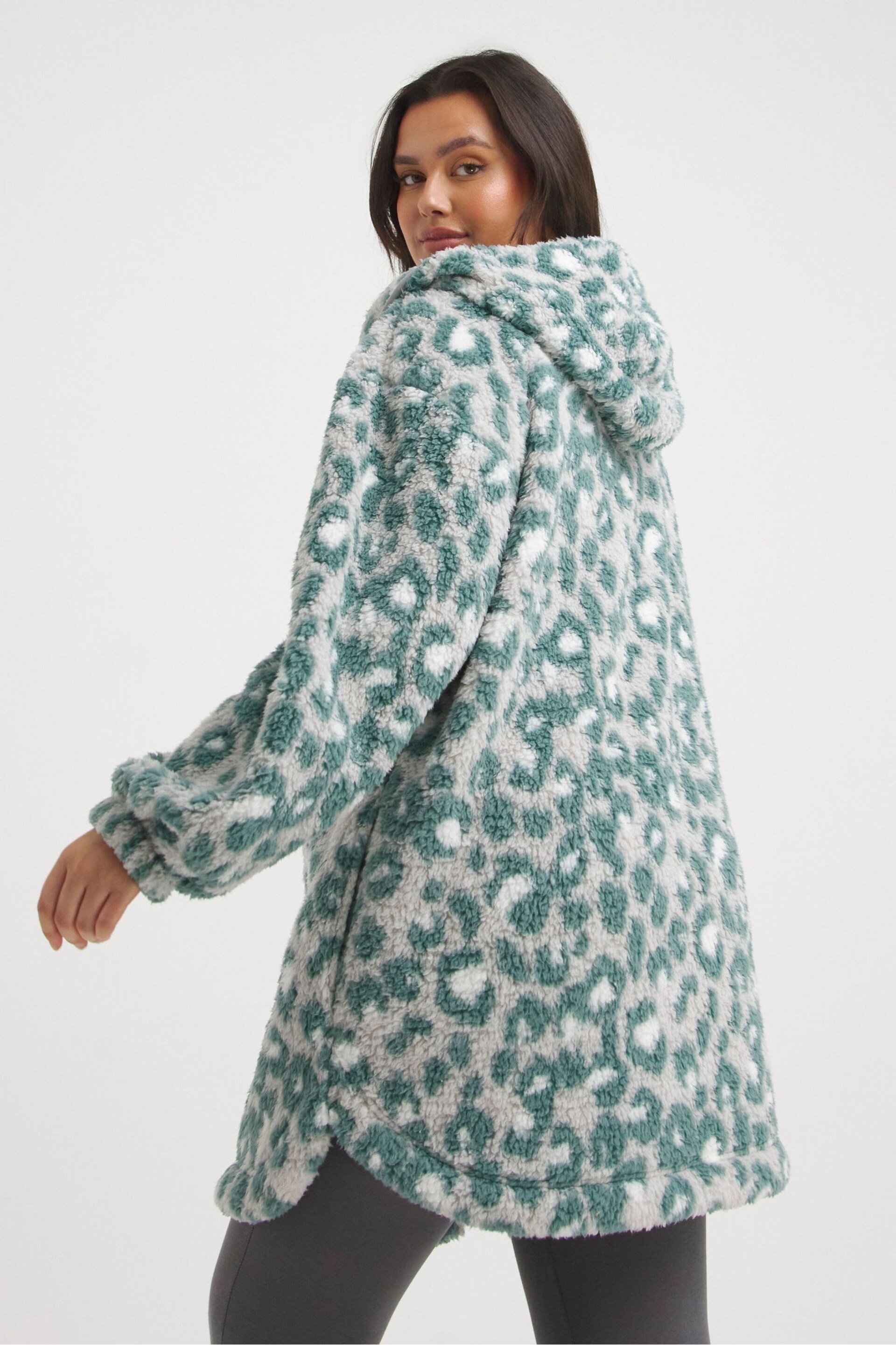 Simply Be Green/White Print Pretty Secrets Long Fleece Lounge Cardigan - Image 3 of 5