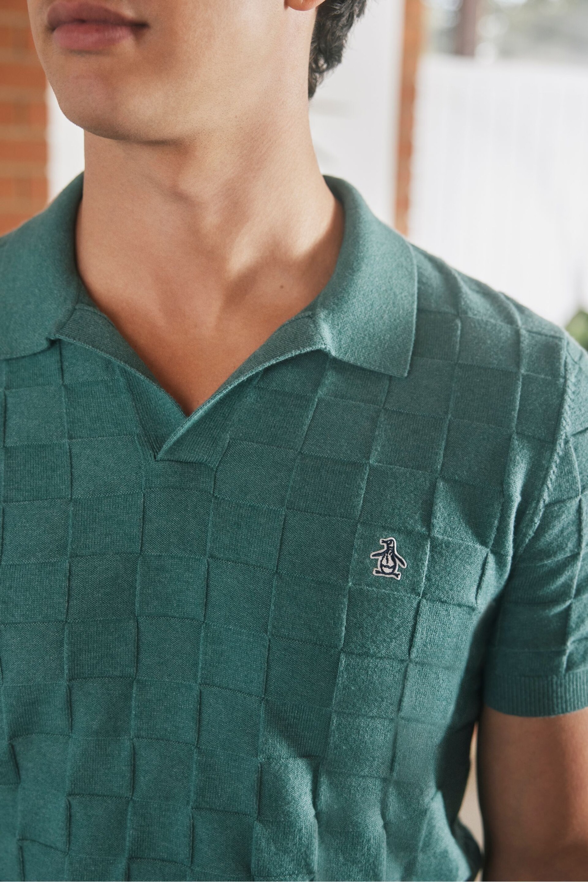 Original Penguin Green Jacquard Knit Cotton Blend Polo Shirt - Image 2 of 6