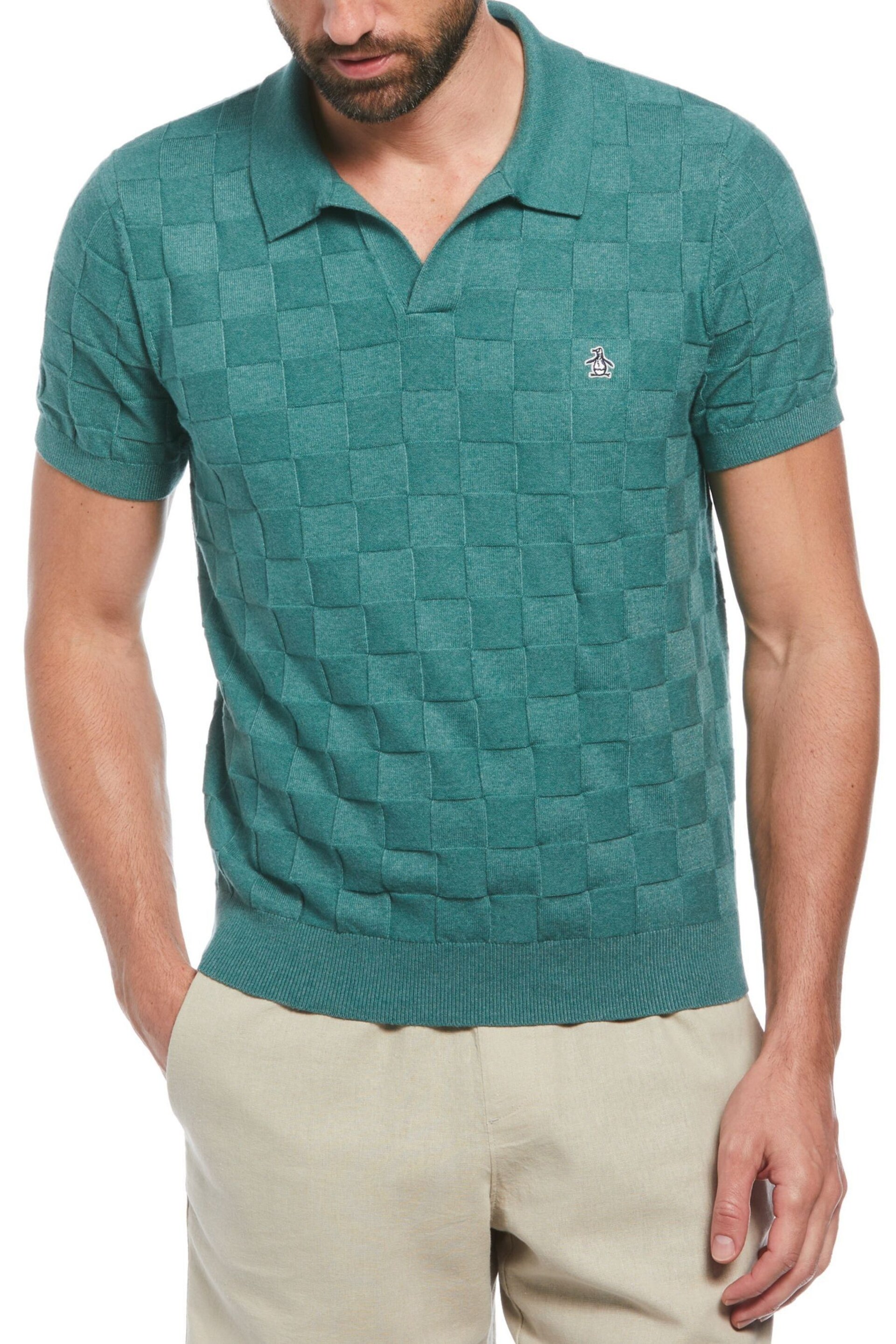 Original Penguin Green Jacquard Knit Cotton Blend Polo Shirt - Image 3 of 6