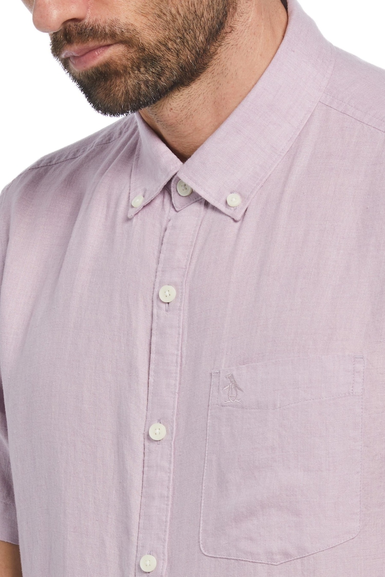 Original Penguin Purple Delave 100% Linen Short Sleeve Shirt In Lavender Frost - Image 3 of 3