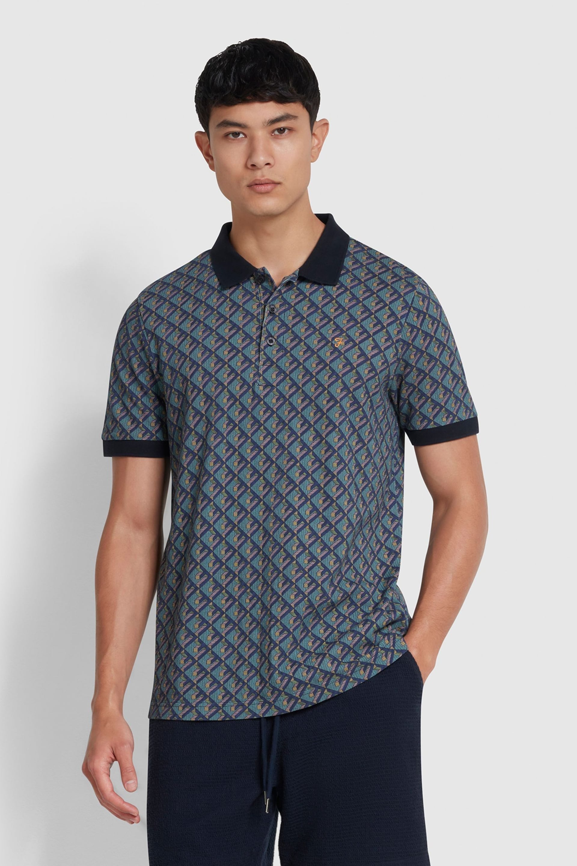 Farah Blue Heydon All-Over Print Polo Shirt - Image 1 of 4