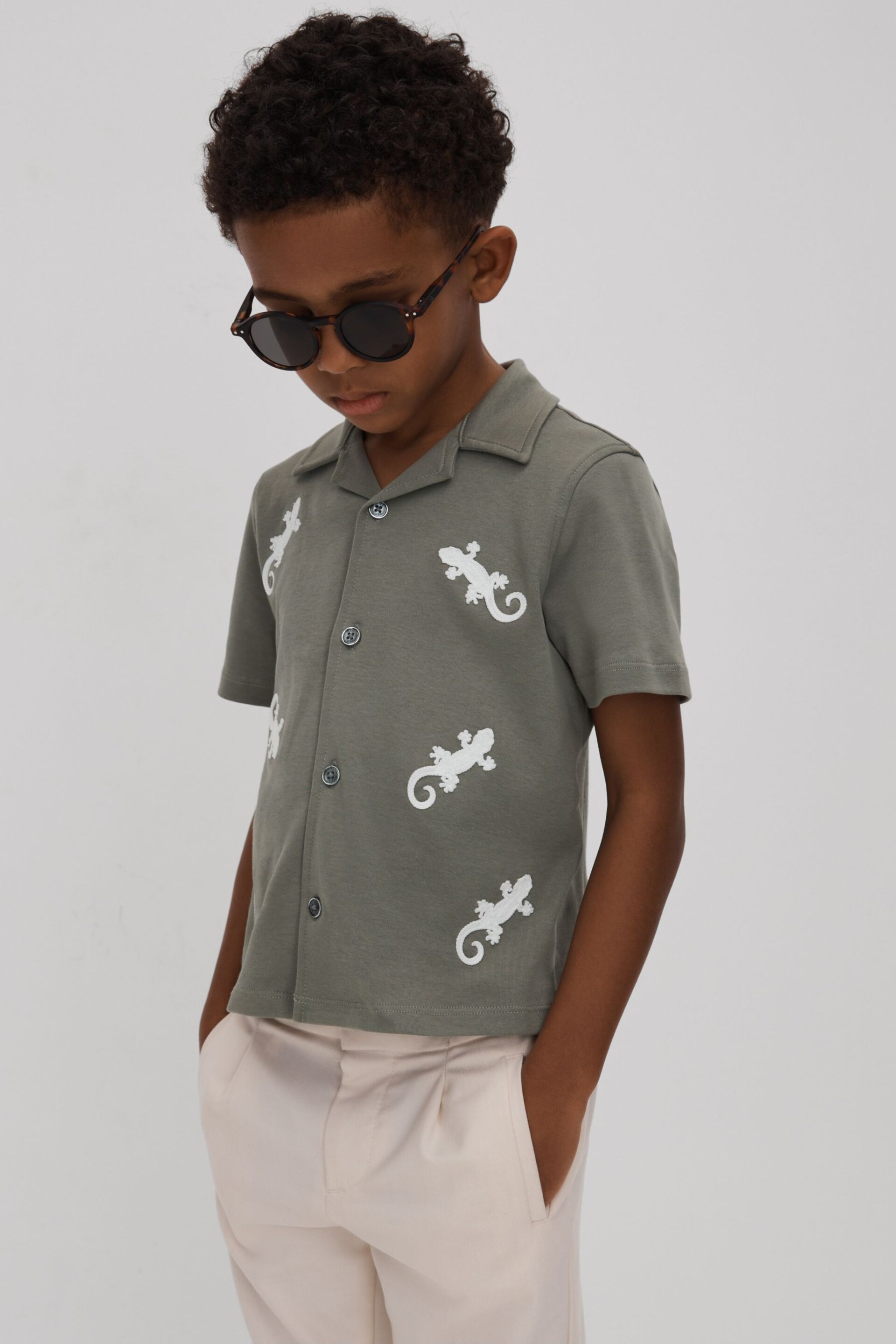 Reiss Sage/White Thar Junior Cotton Reptile Patch Cuban Collar Shirt - Image 1 of 4