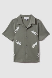 Reiss Sage/White Thar Junior Cotton Reptile Patch Cuban Collar Shirt - Image 2 of 4