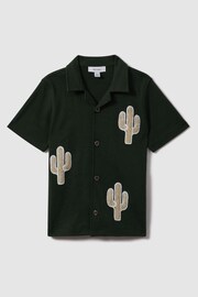 Reiss Dark Green Stan Junior Cotton Cactus Patch Cuban Collar Shirt - Image 2 of 4