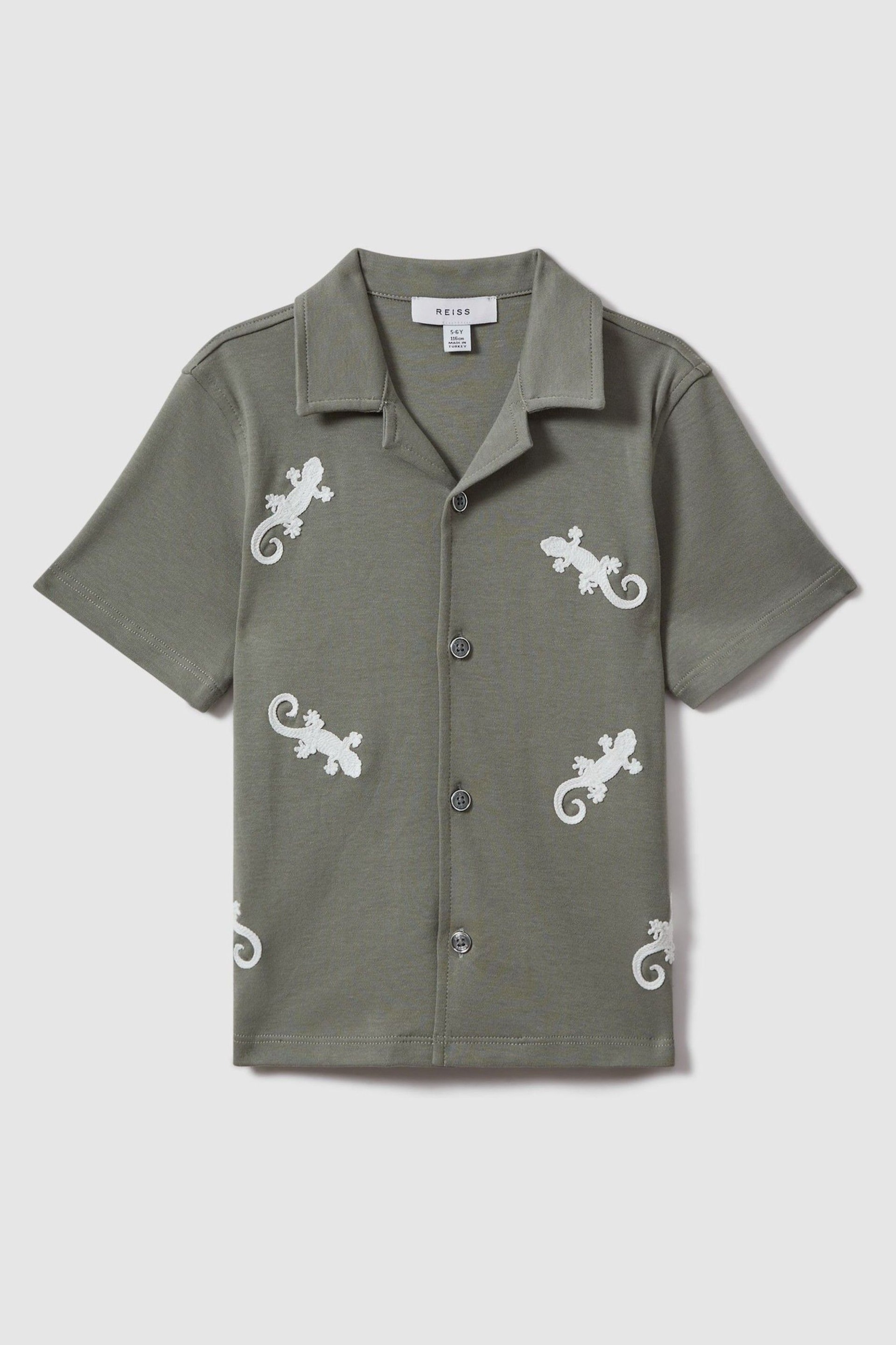 Reiss Sage/White Thar Teen Cotton Reptile Patch Cuban Collar Shirt - Image 1 of 4