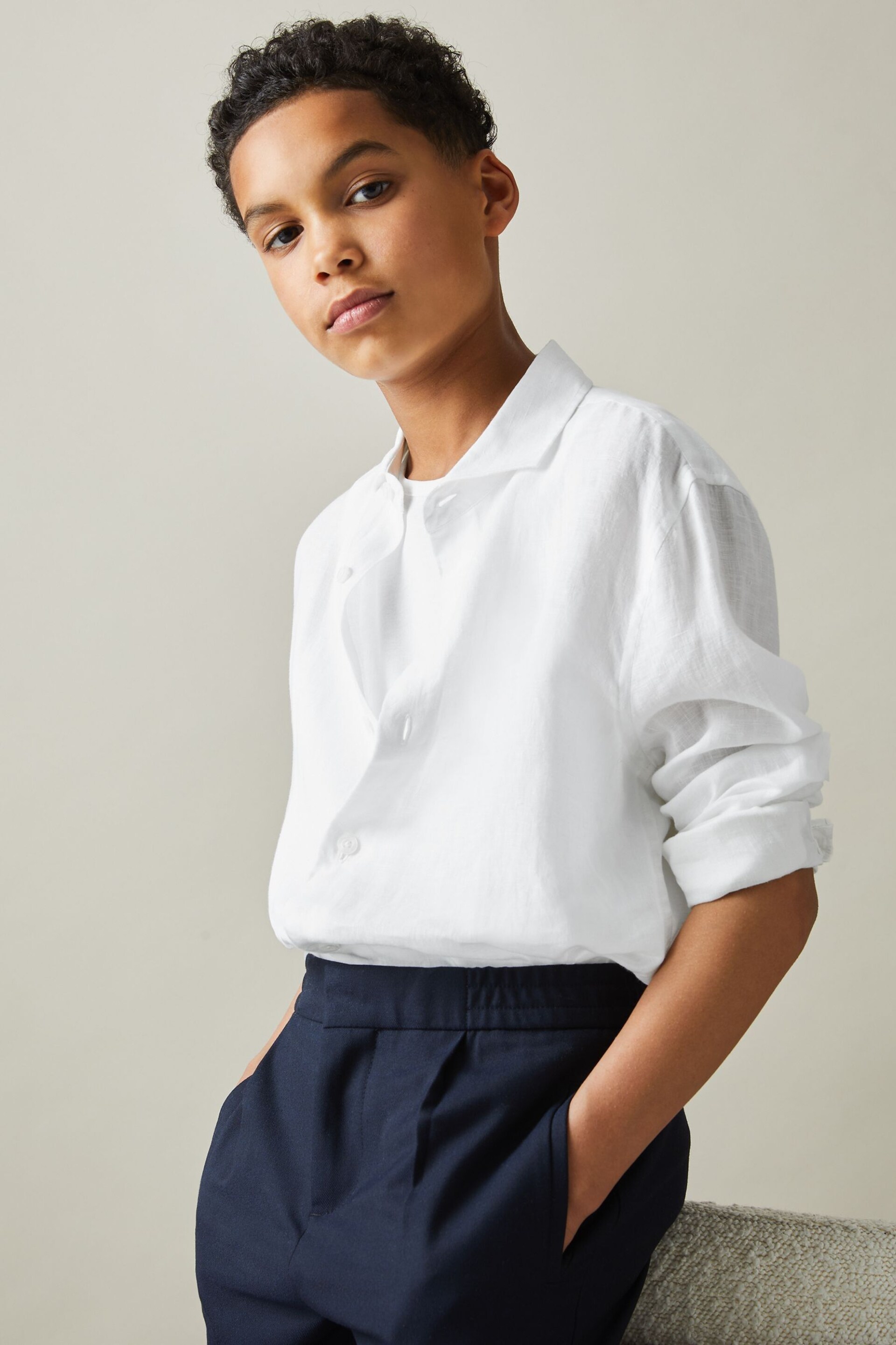 Reiss White Ruban Teen Linen Cutaway Collar Shirt - Image 2 of 5