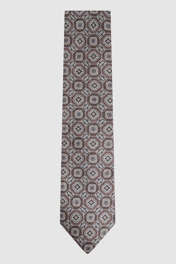 Reiss Tobacco Assisi Silk Medallion Print Tie - Image 1 of 5