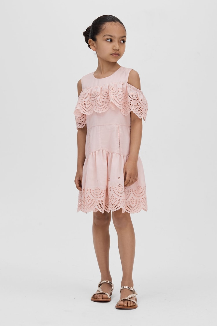 Reiss Pink Jazz Junior Off-The-Shoulder Broderie Dress - Image 2 of 4