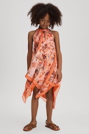 Reiss Pink Print Akari Junior Printed Draped Halter Neck Dress - Image 1 of 4