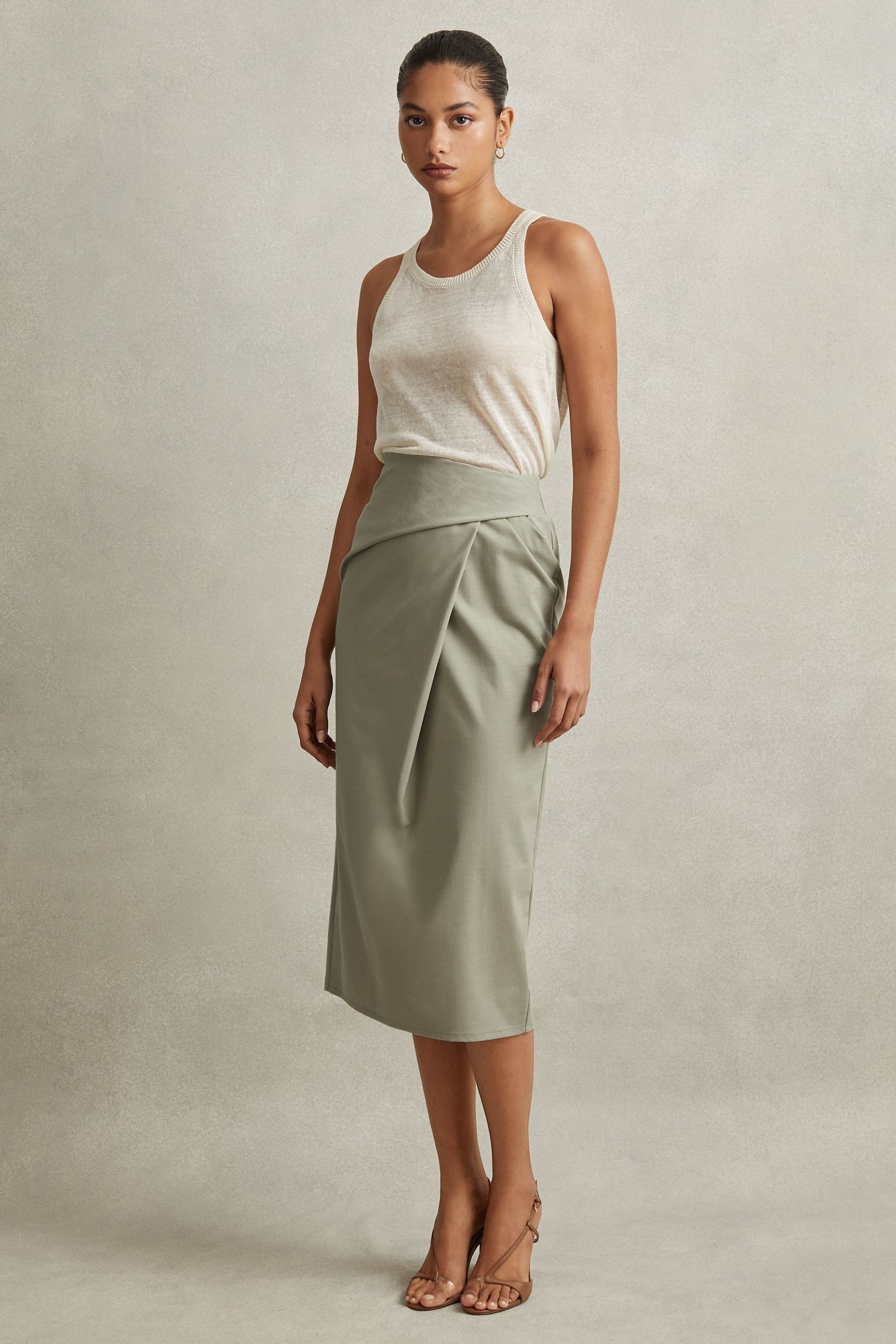 Khaki wrap front midi skirt sales