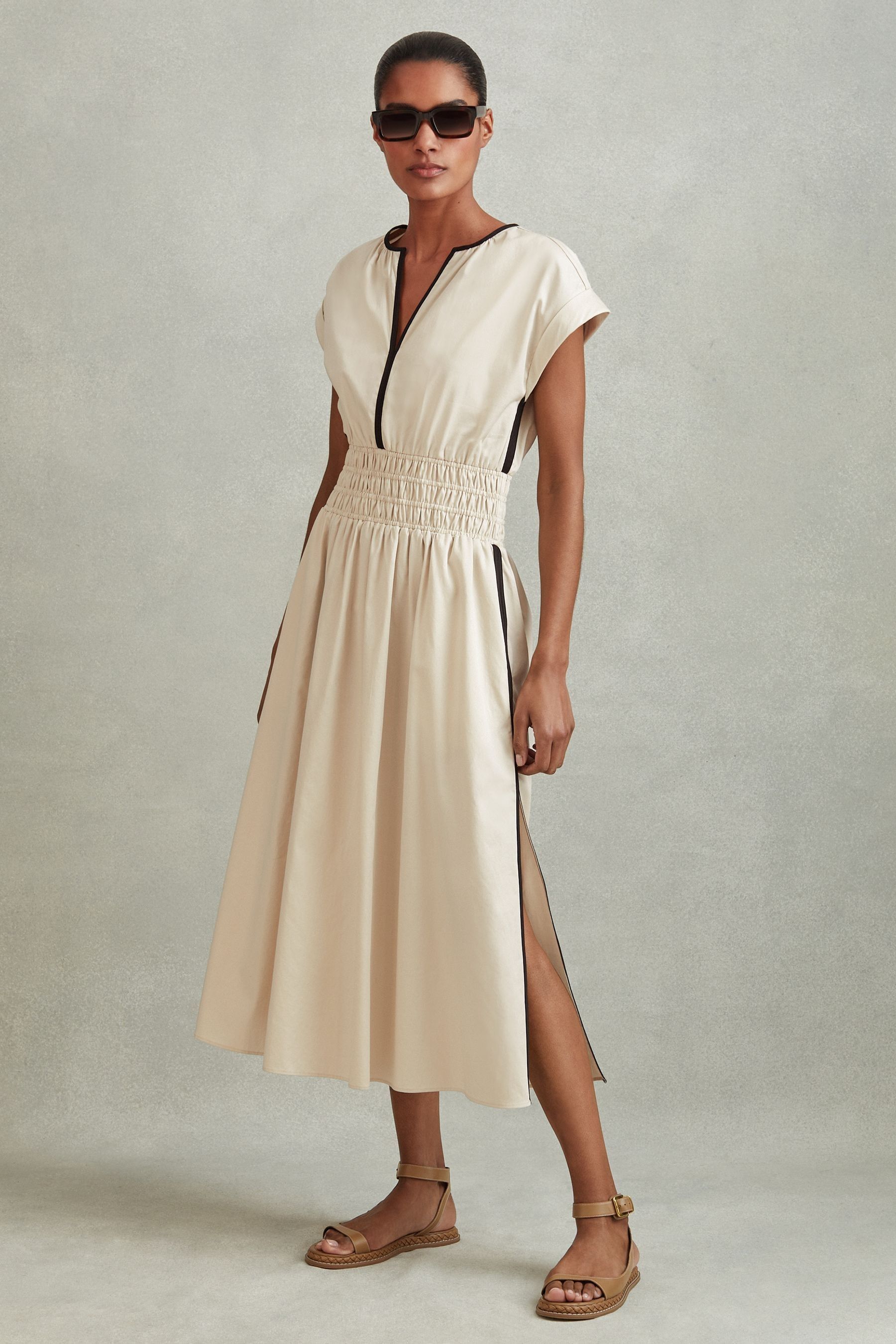 Buy Reiss Neutral Black Lena Petite Cotton Ruched Waist Midi Dress from the Next UK online shop