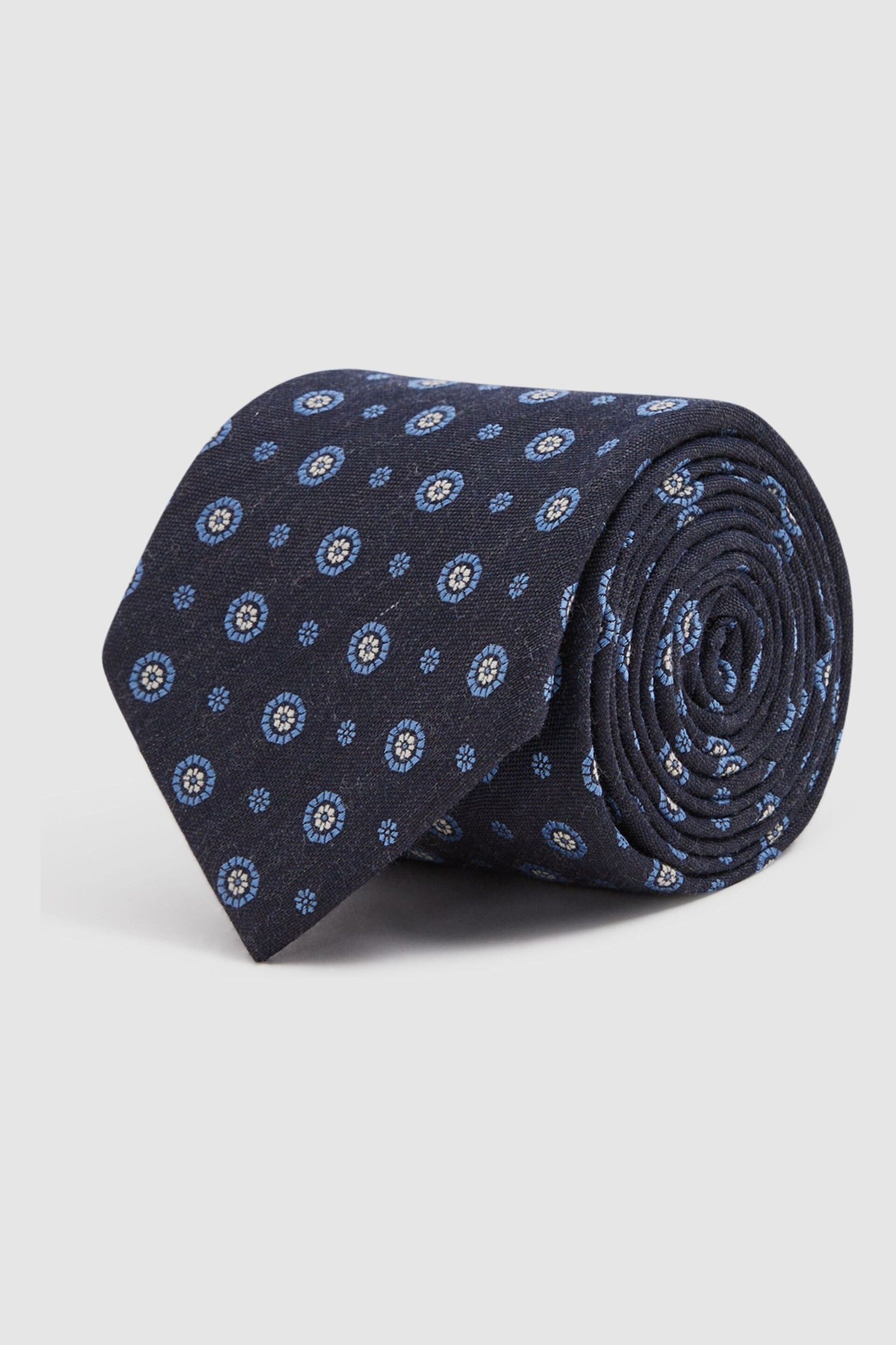 Reiss Navy Orvieto Cotton Silk Medallion Design Tie - Image 3 of 4