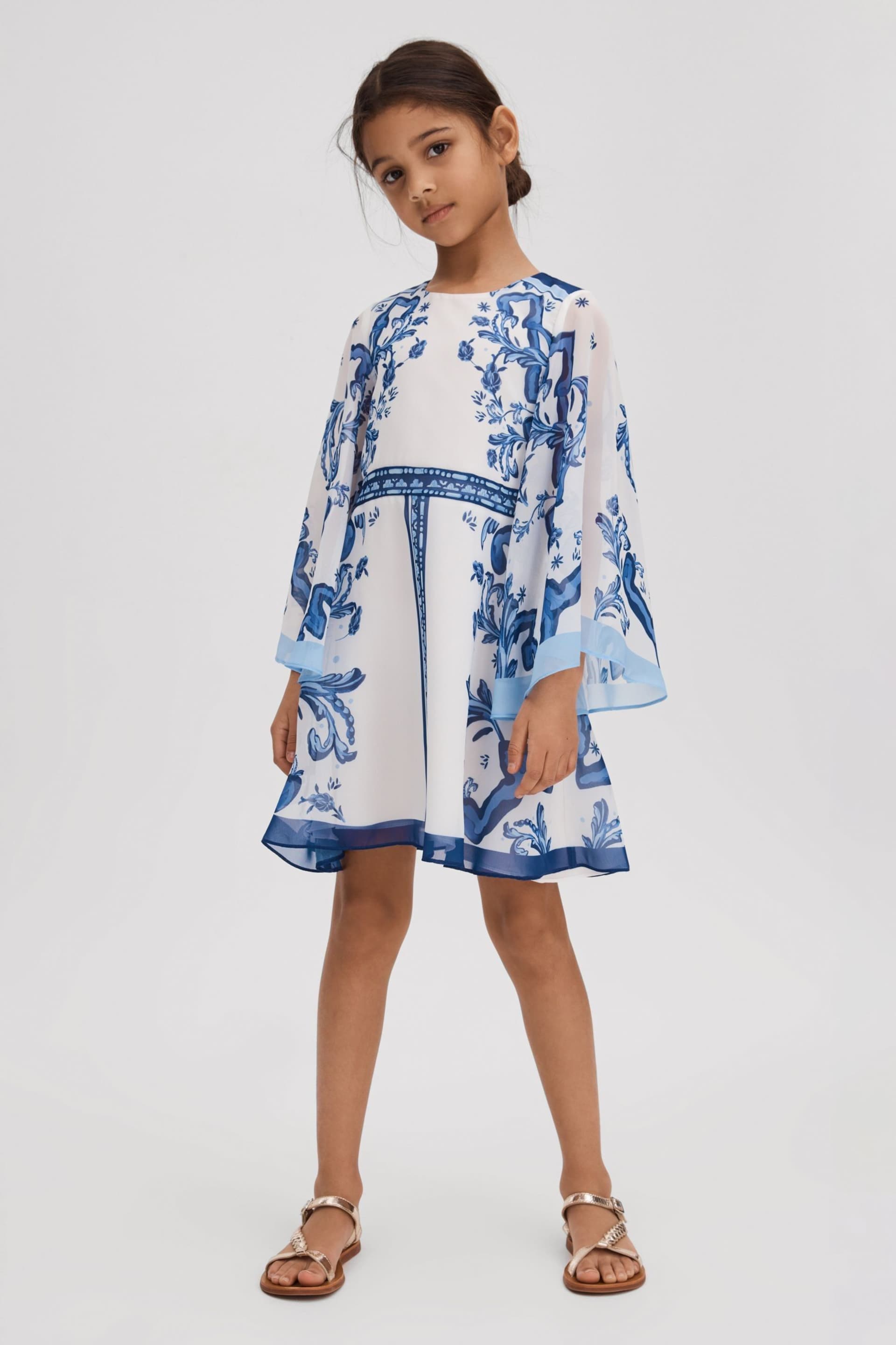 Reiss Blue Print Andra Junior Tile Print Flare Sleeve Dress - Image 1 of 4