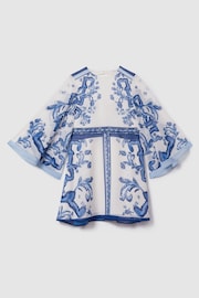 Reiss Blue Print Andra Junior Tile Print Flare Sleeve Dress - Image 2 of 4