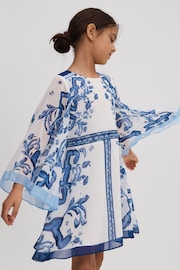 Reiss Blue Print Andra Junior Tile Print Flare Sleeve Dress - Image 3 of 4