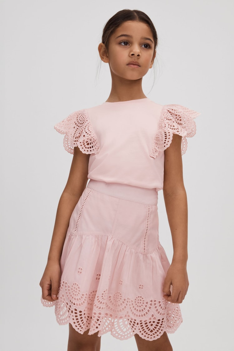 Reiss Pink Jasmine Senior Broderie Skirt - Image 1 of 4