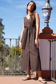 Threadbare Brown Linen Blend Belted Button Down Maxi Dress - Image 1 of 5