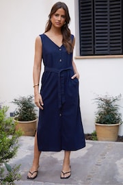 Threadbare Blue Linen Blend Belted Button Down Maxi Dress - Image 1 of 5