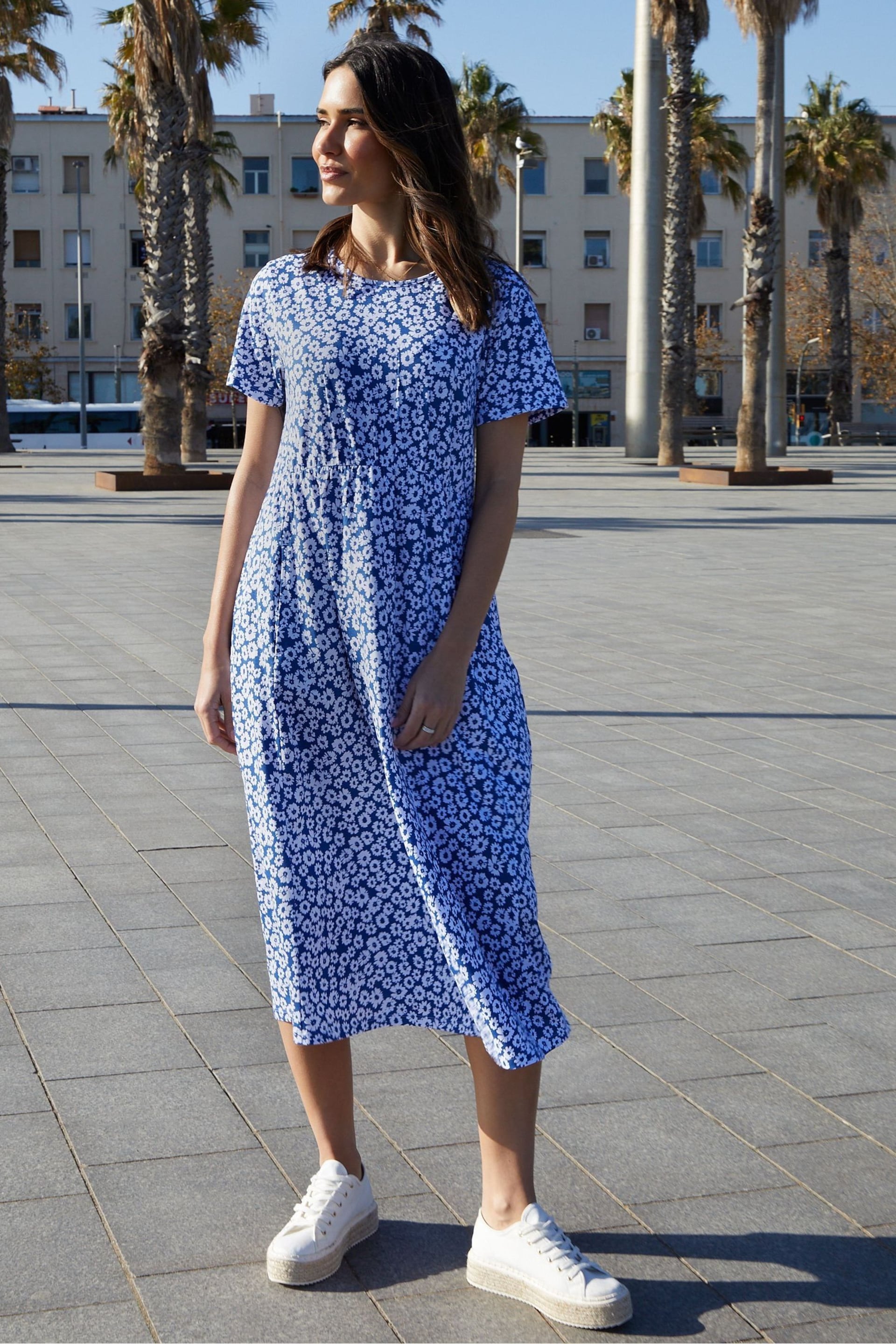 Threadbare Blue Cotton Smock Style Midi Dress - Image 1 of 5