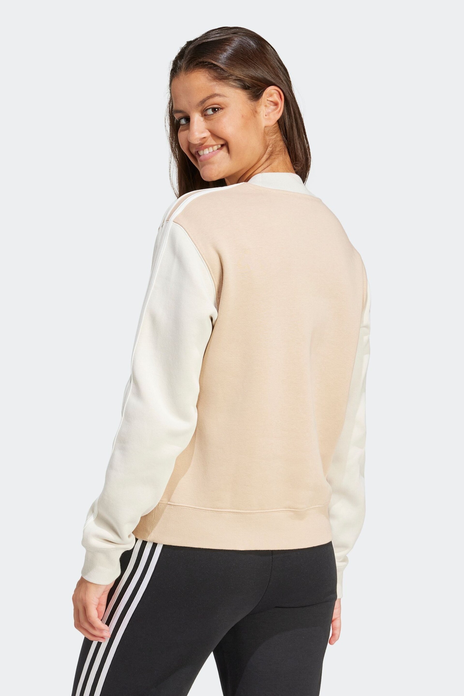 adidas Beige 3 Stripe Colourblock Half Neck Fleece Sweatshirt - Image 3 of 7