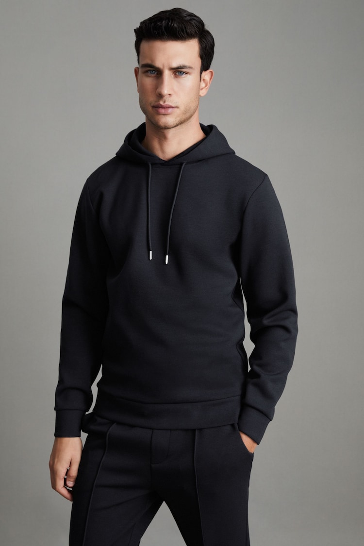 Reiss Navy Blue Fabien Interlock Jersey Drawstring Hoodie - Image 1 of 7