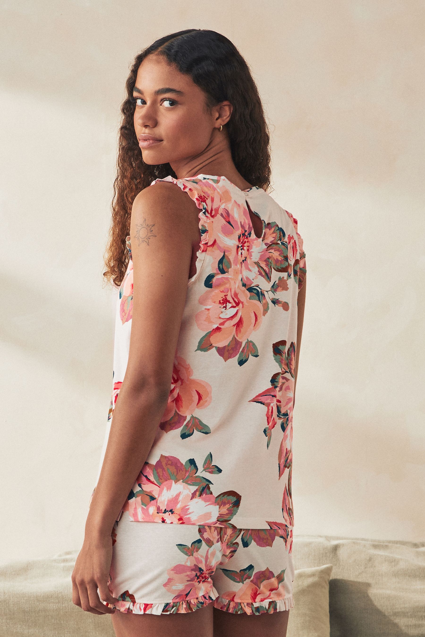 Buy Ecru Pink Floral 100 Cotton Vest Short Pyjamas Set from Next USA
