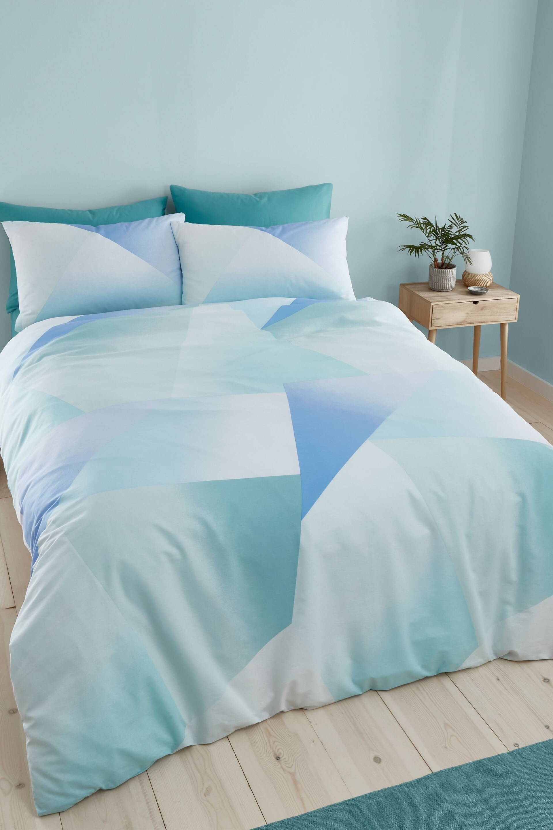 Catherine Lansfield Green Blue Ombre Larsson Geo Reversible Duvet Cover Set - Image 1 of 4