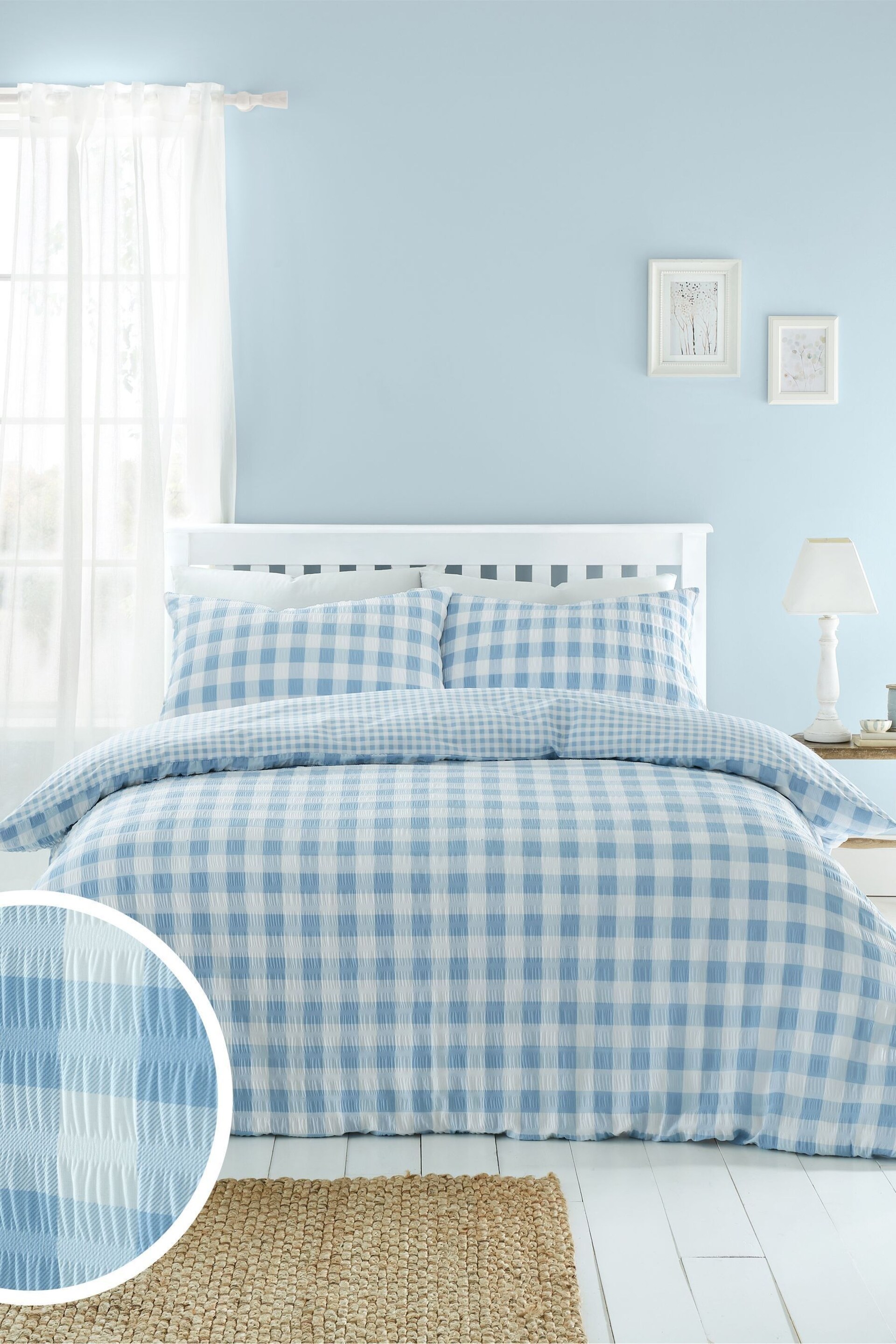 Catherine Lansfield Blue Seersucker Gingham Check Easy Care Duvet Cover Set - Image 1 of 5