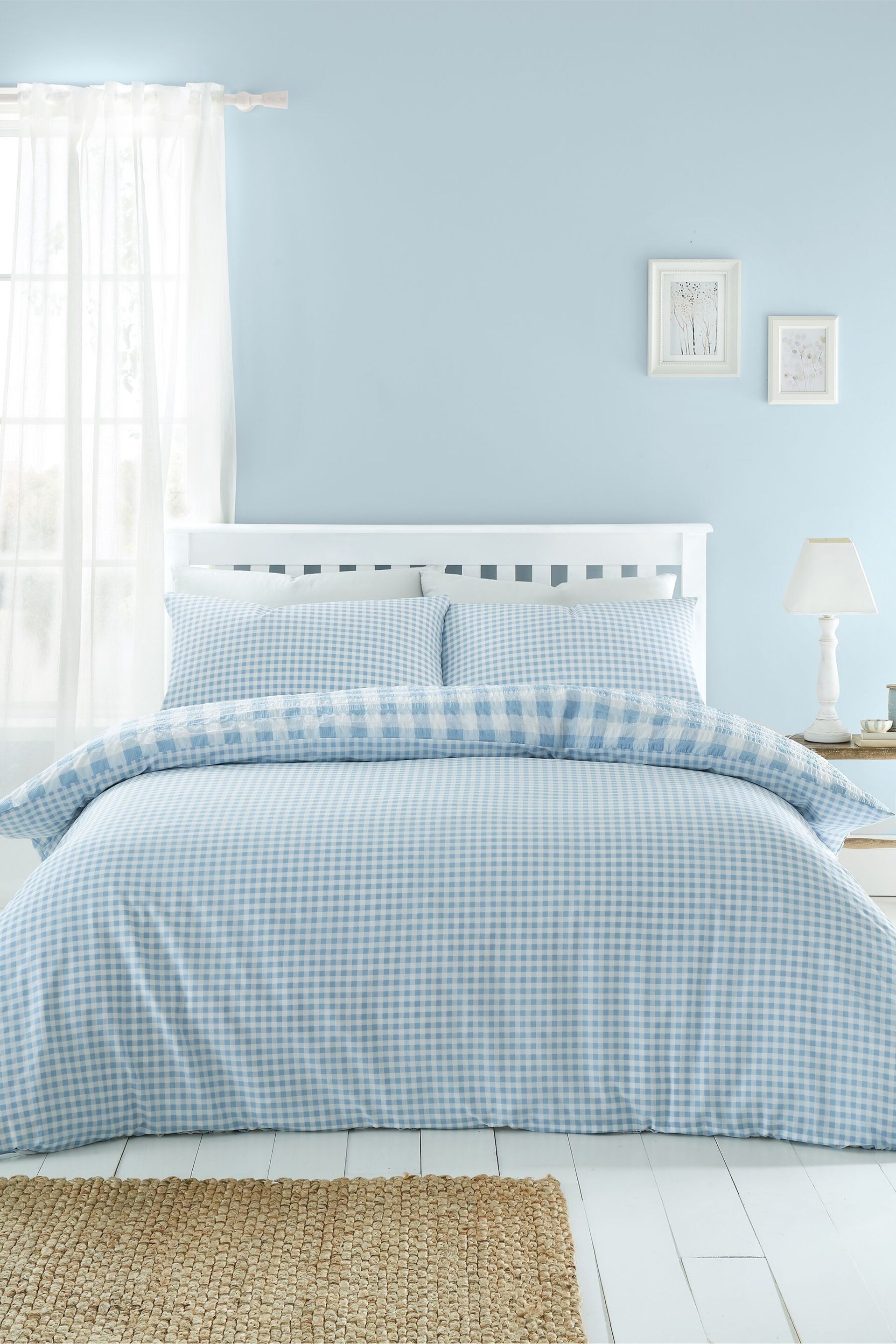 Catherine Lansfield Blue Seersucker Gingham Check Easy Care Duvet Cover Set - Image 3 of 5