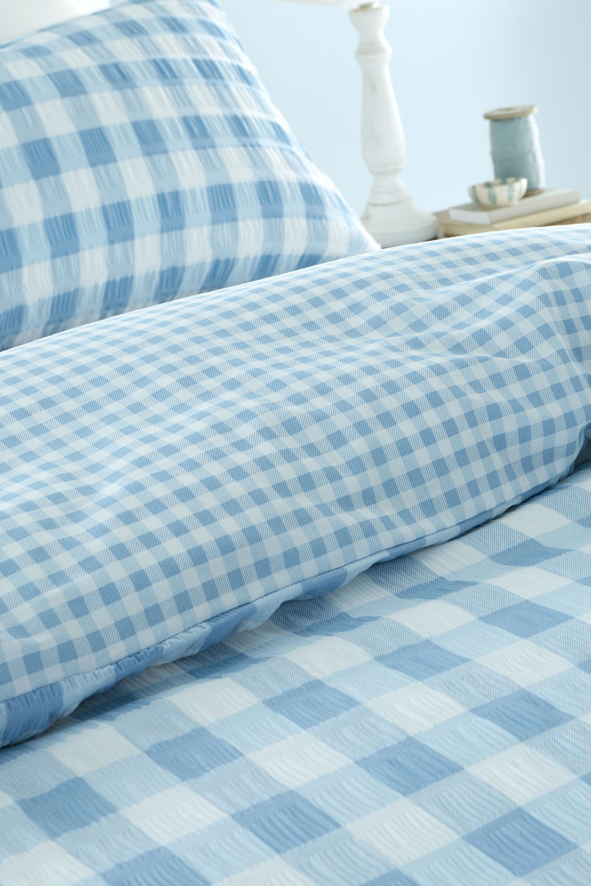 Catherine Lansfield Blue Seersucker Gingham Check Easy Care Duvet Cover Set - Image 5 of 5