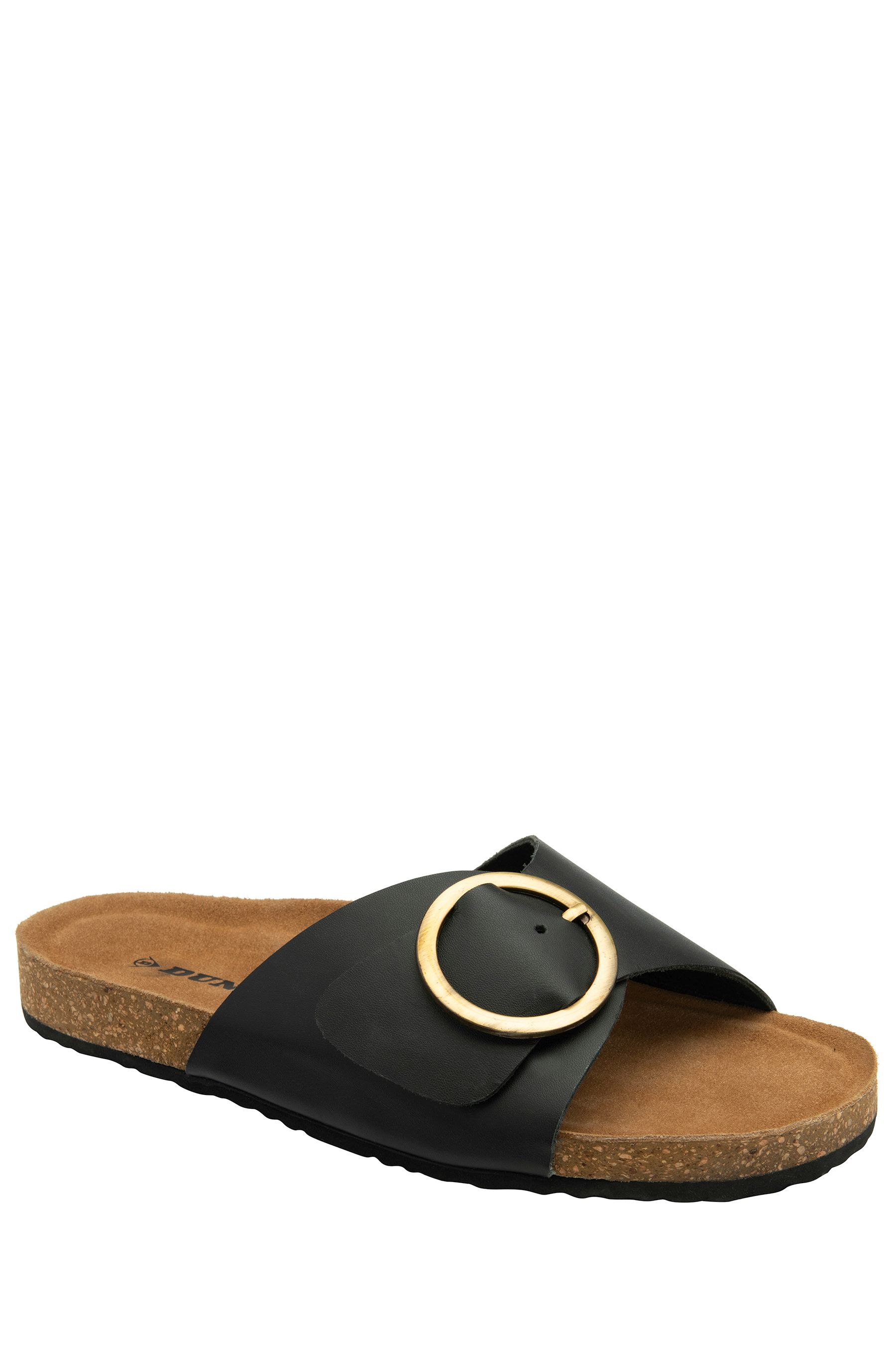 Dunlop Black Ladies Single Large Buckle Footbed Sandals