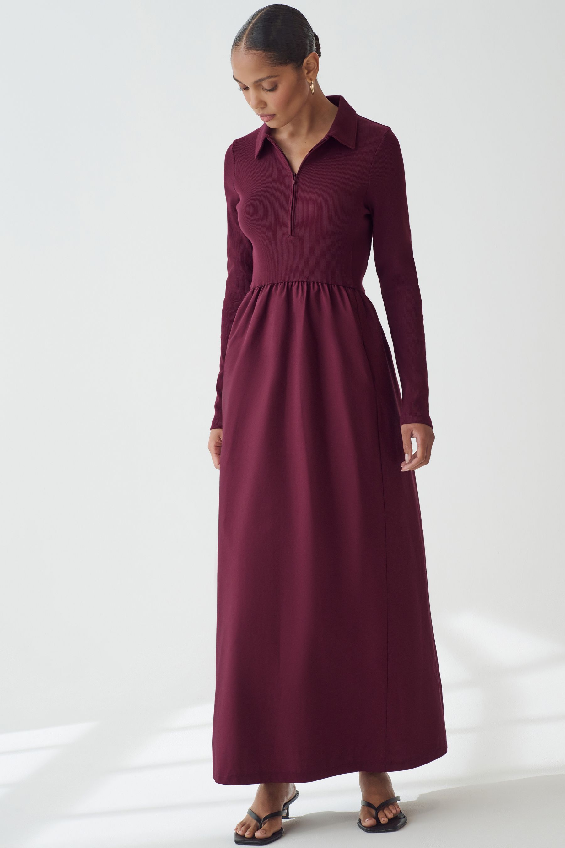 Buy Oxblood Red Long Sleeve Collared Zip Neck 100 Cotton Midi Dress from Next Luxembourg
