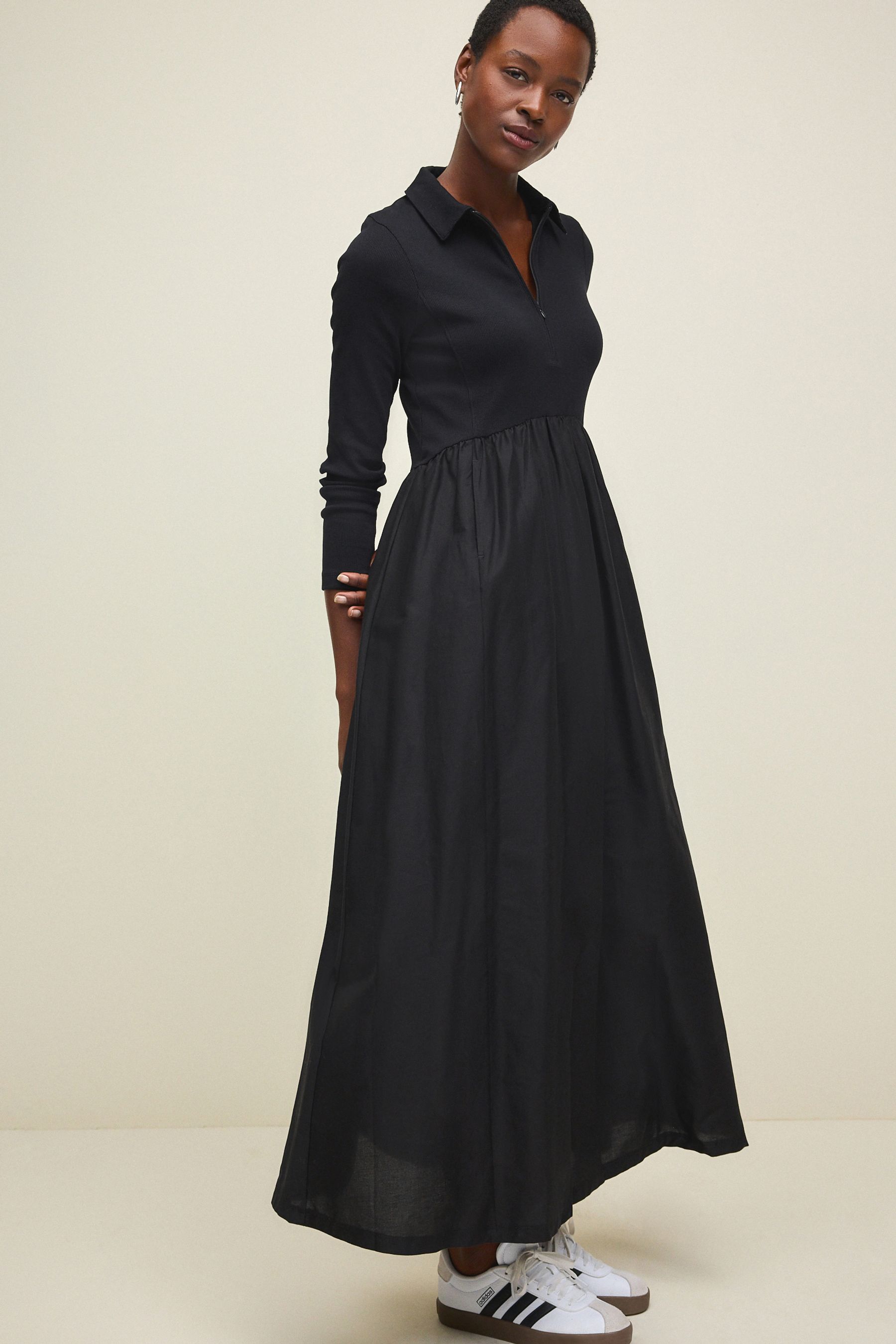 Black Long Sleeve Collared Zip Neck 100 Cotton Midi Dress
