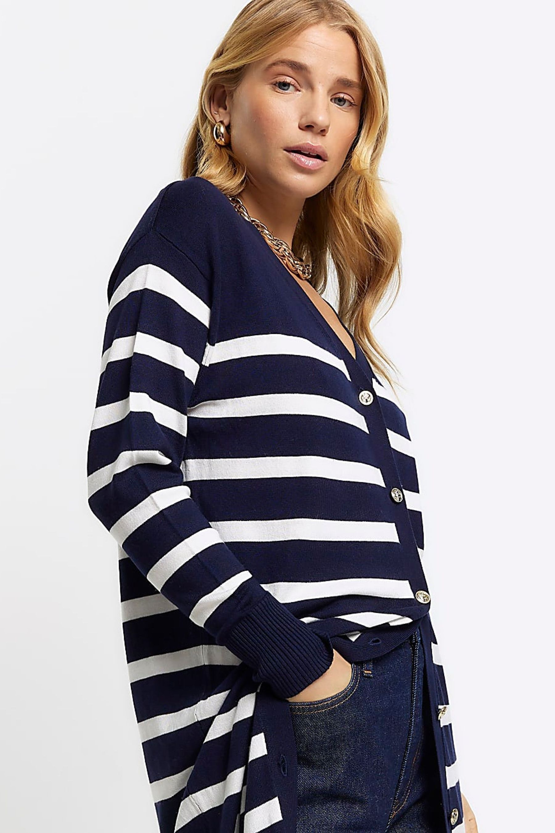 Buy River Island Navy Stripe Longline Cardigan from Next Luxembourg