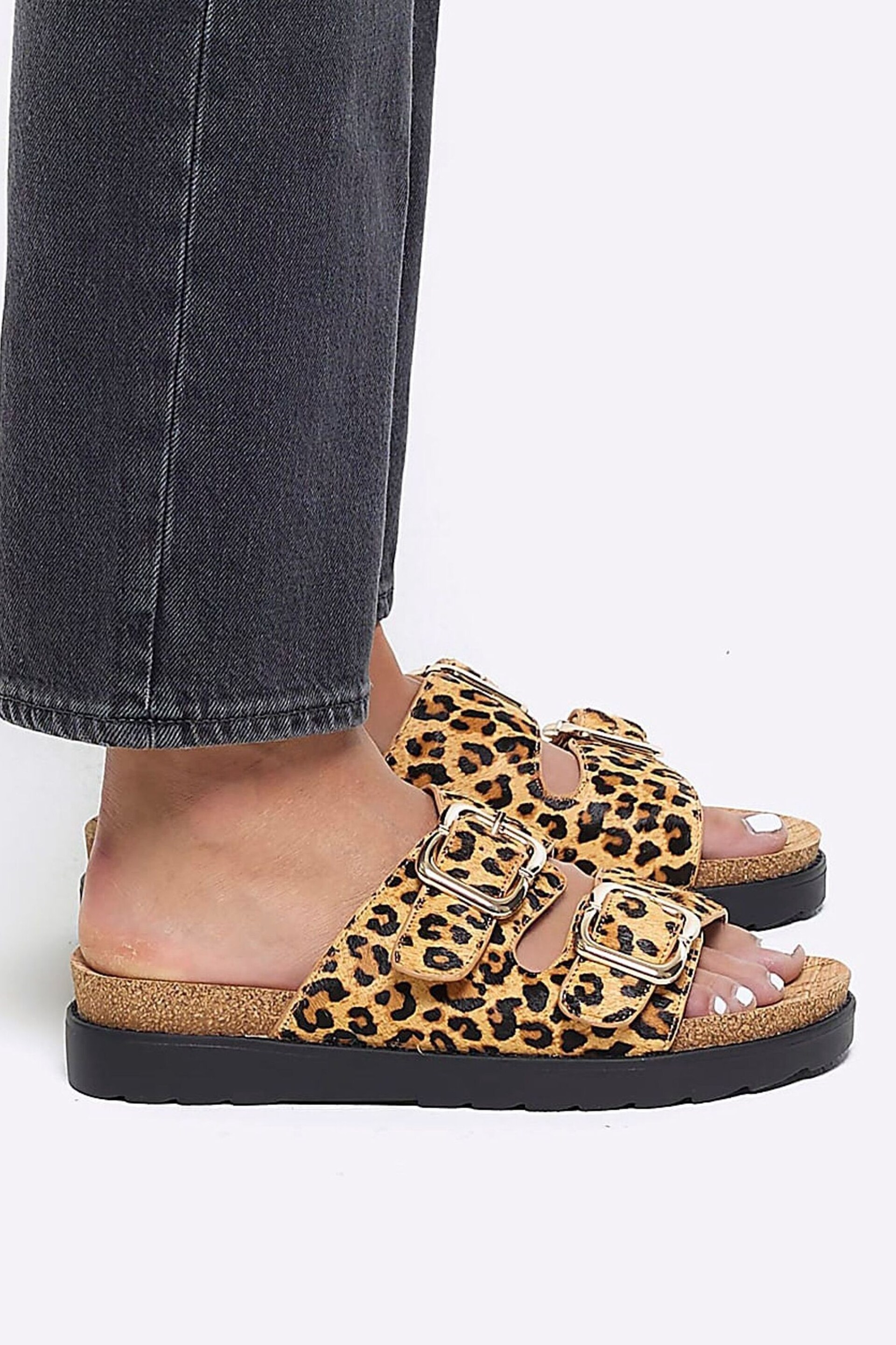 River Island Brown Leopard Double Buckle Sandals - Image 6 of 6