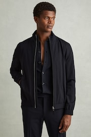 Reiss Navy Petras Elasticated Hem Zip-Front Bomber Jacket - Image 1 of 5