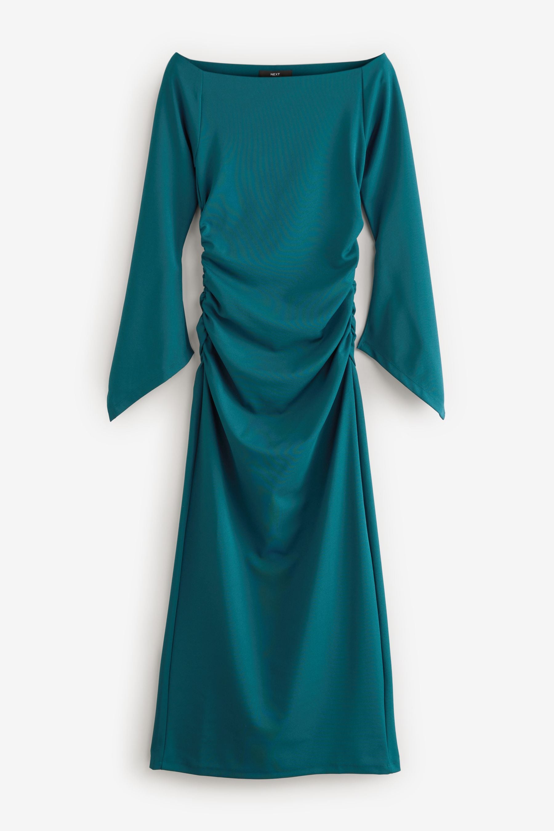 Next Teal Blue Bardot Long Sleeve Ruched Maxi Dress