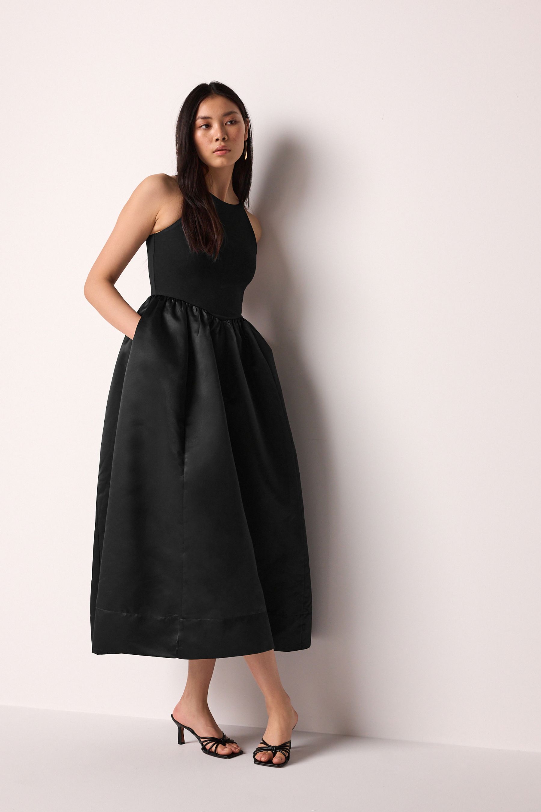 Buy Black Satin And Jersey Racer Occasion Midi Dress from the Next UK online shop